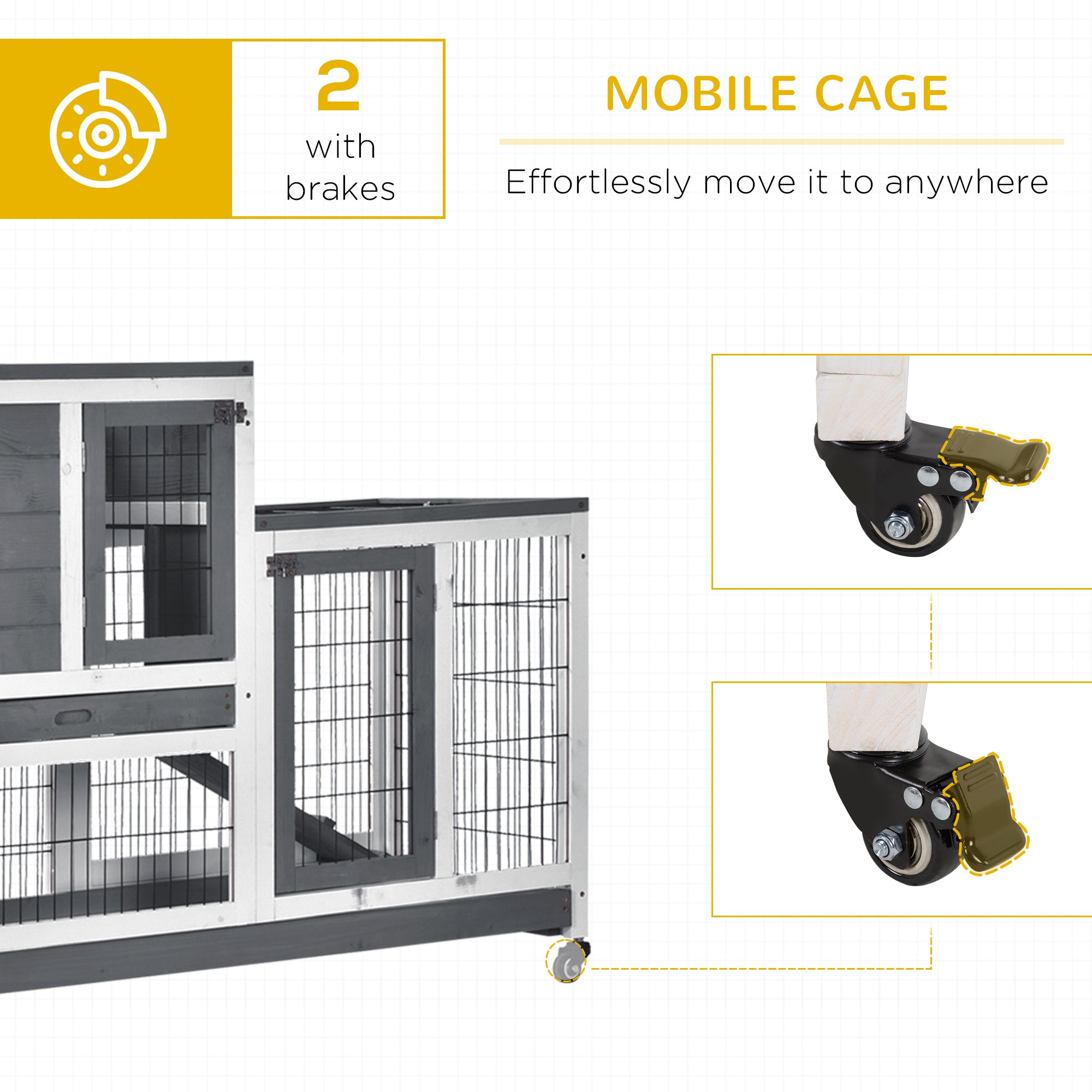 Wooden Rabbit Hutch Elevated Bunny Cage Indoor Small Animal Habitat with Enclosed Run with Wheels, Ramp, Removable Tray for Rabbits, Chickens, Ducks, Guinea Pigs, Gray - Gray, White - Image 7