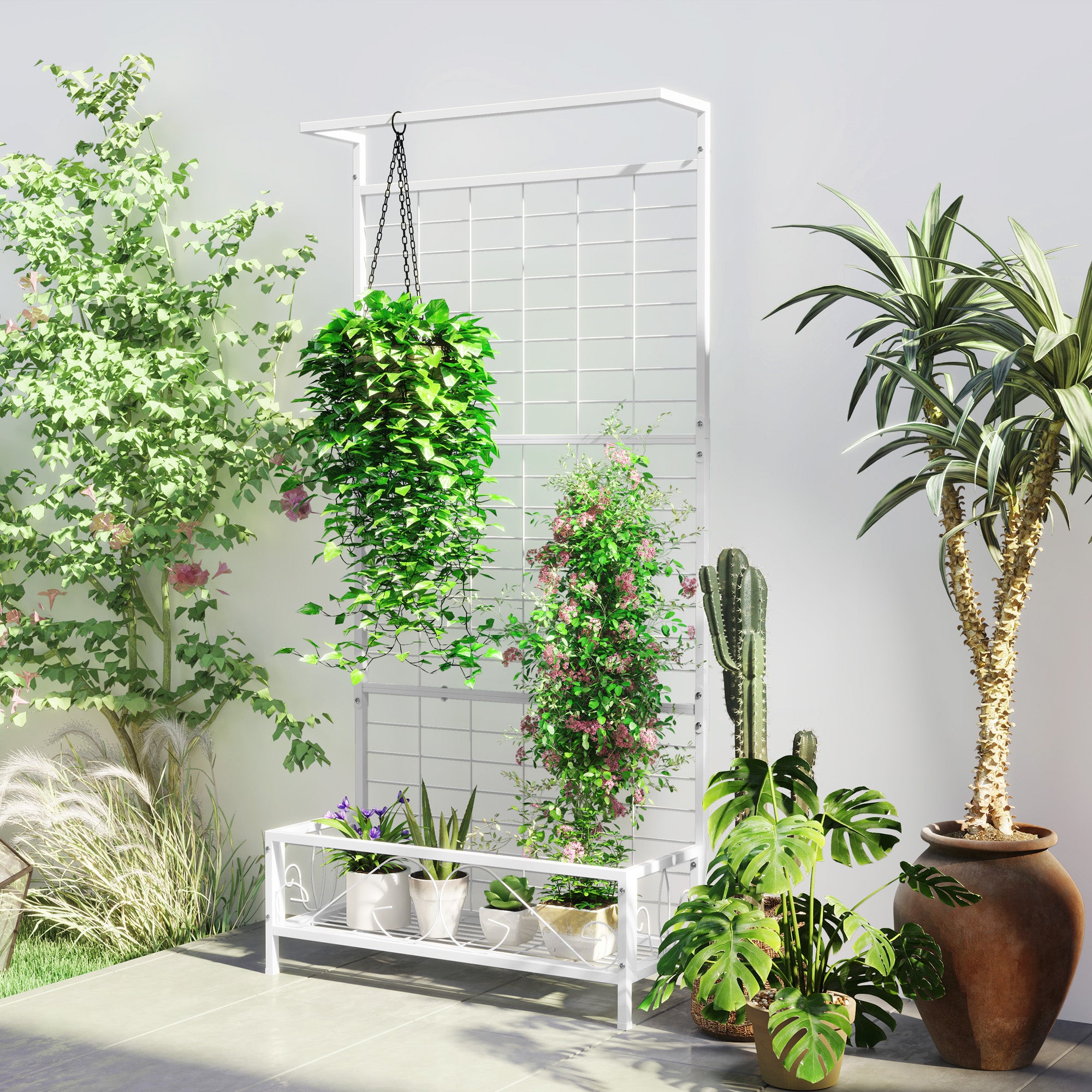 Metal Tall Plant Stand with Trellis and Hanging Bar, Plant Holder for Indoor Outdoor Use, 35" x 12.8" x 74", White - White - Image 2