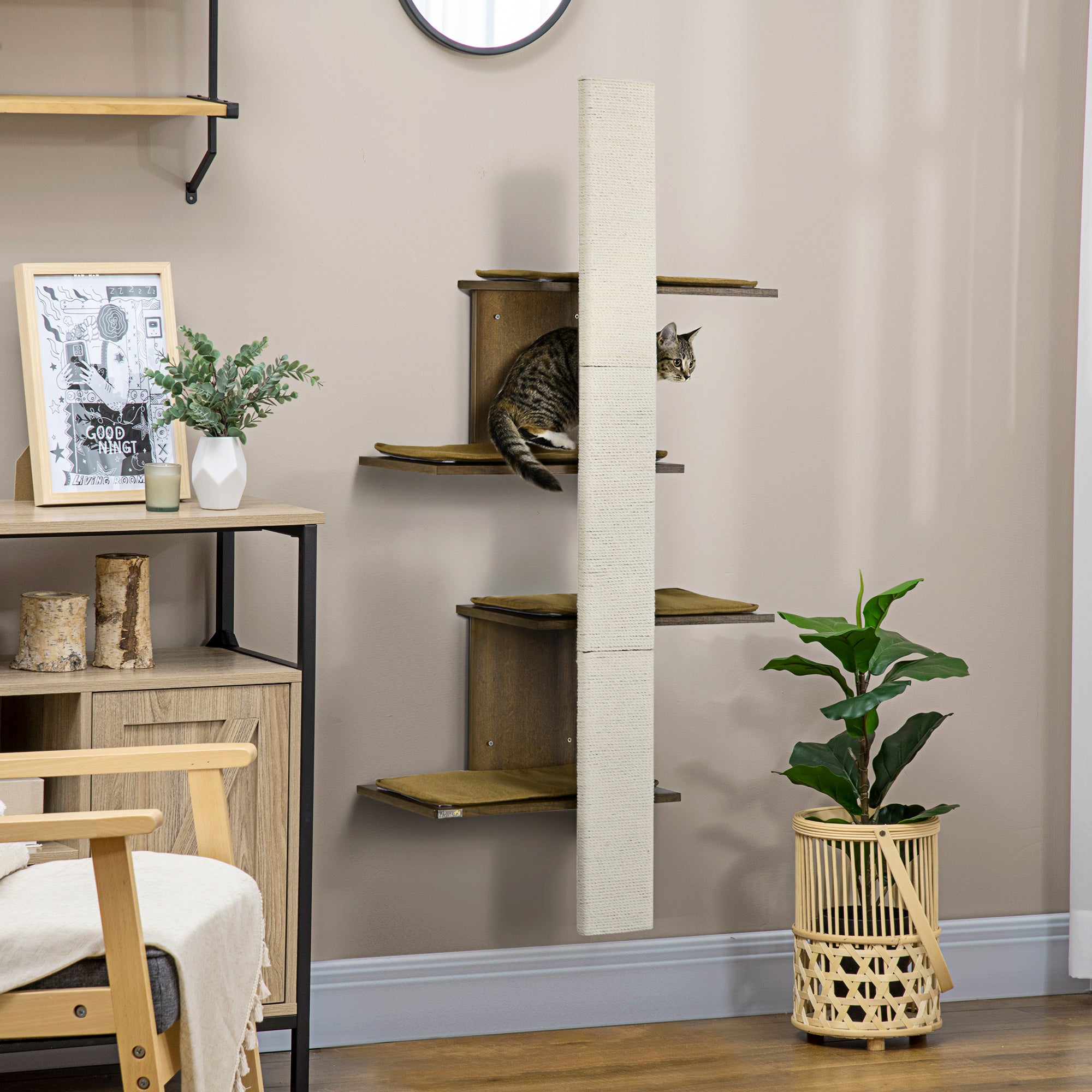 Wall-Mounted Cat Tree, 4-Layer Cat Wall Shelves Furniture with Scratching Board, Kitten Activity Center with Cushions, Natural - Natural wood finish - Image 2