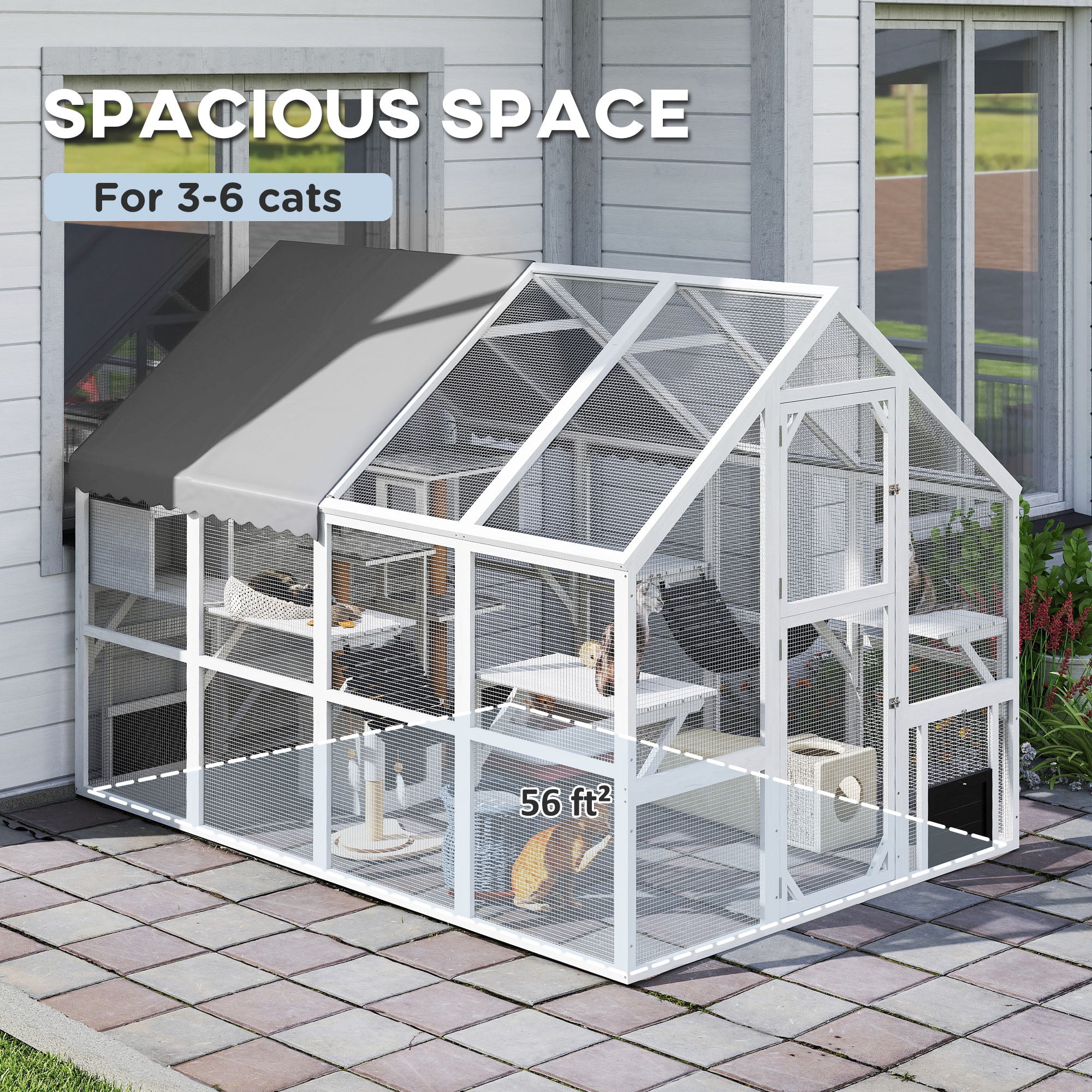 Wooden Catio Outdoor Cat Enclosure with Waterproof Cover, 2 Condos, 6 Platforms, Bridge, Doors, White - White - Image 4