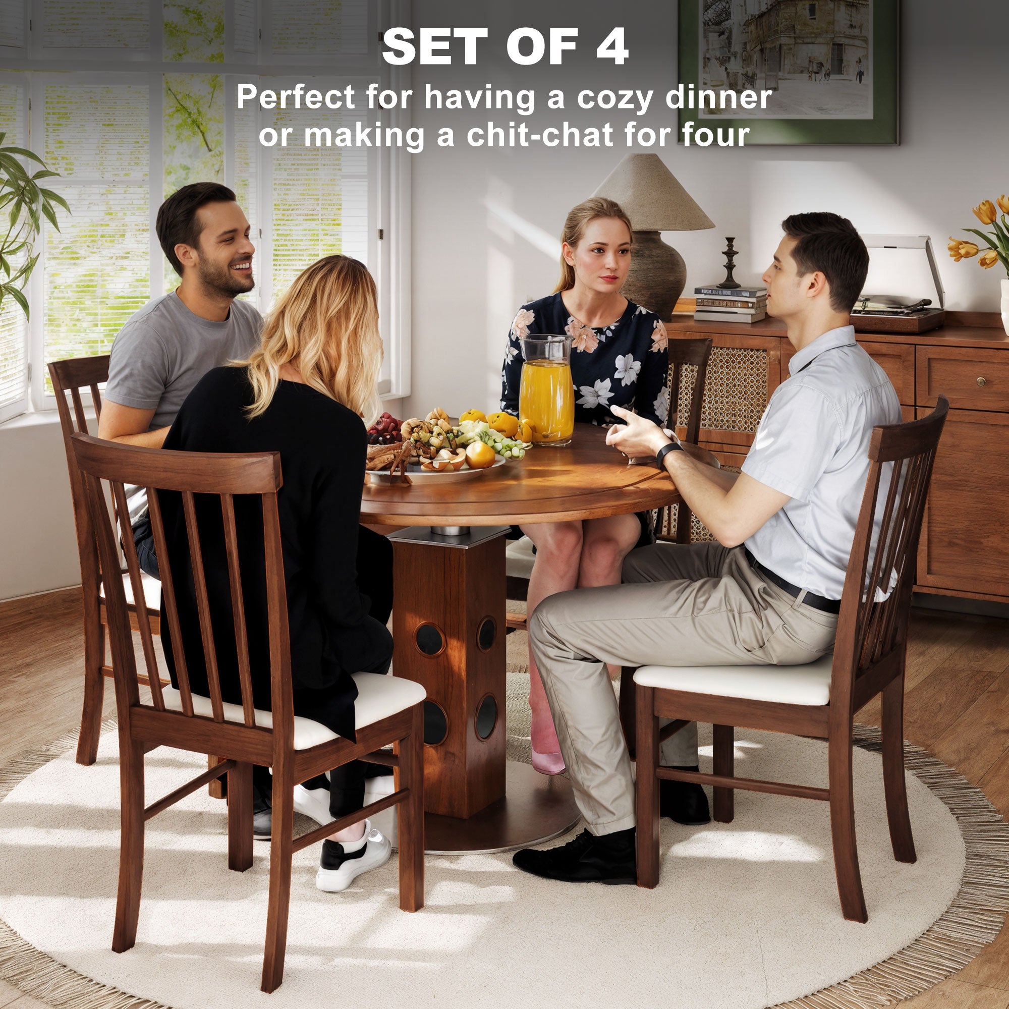 Wooden Dining Chairs Set of 4, Farmhouse Upholstered Kitchen Chairs with Rubber Wood Frame, Dark Brown and Beige