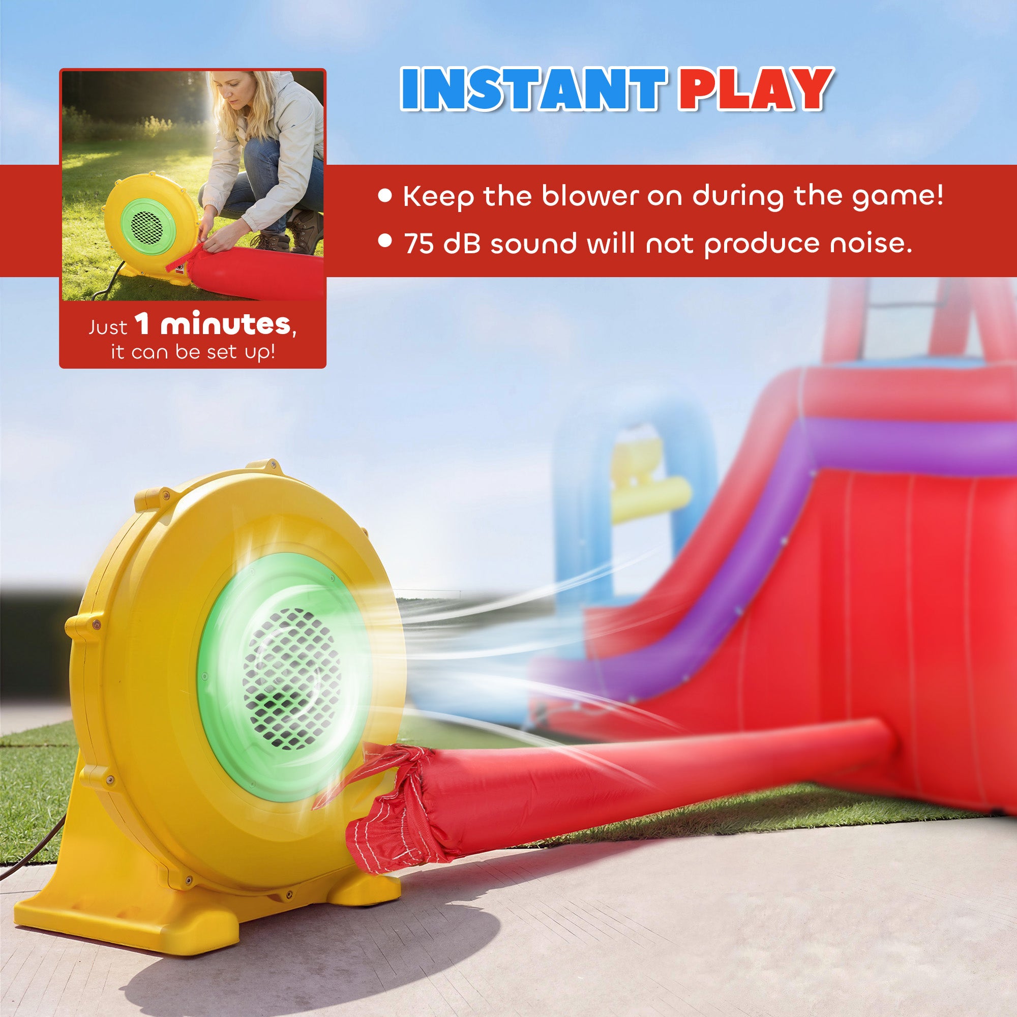 Inflatable Water Slide 6 in 1 with 480W Blower, Bounce House with Climbing Wall, Splashing Pool, Basketball Hoop