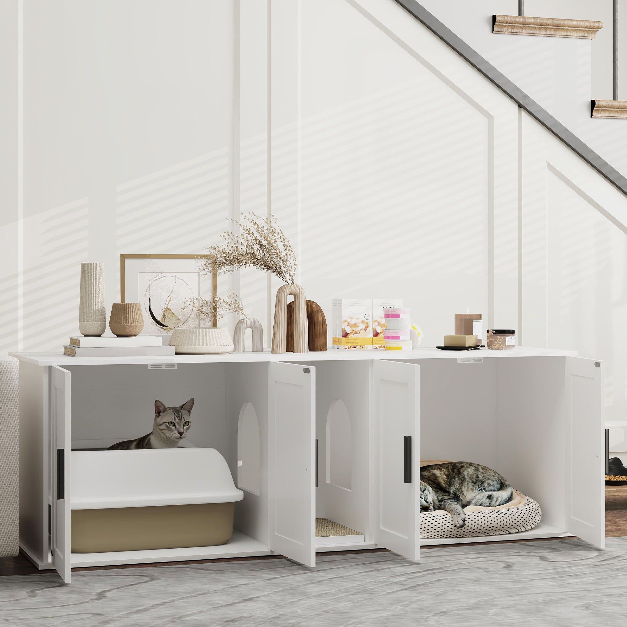 Cat Litter Box Enclosure with Double Room, Scratching Mat for 2 Cats, 57" x 19" x 20", White - White - Image 2