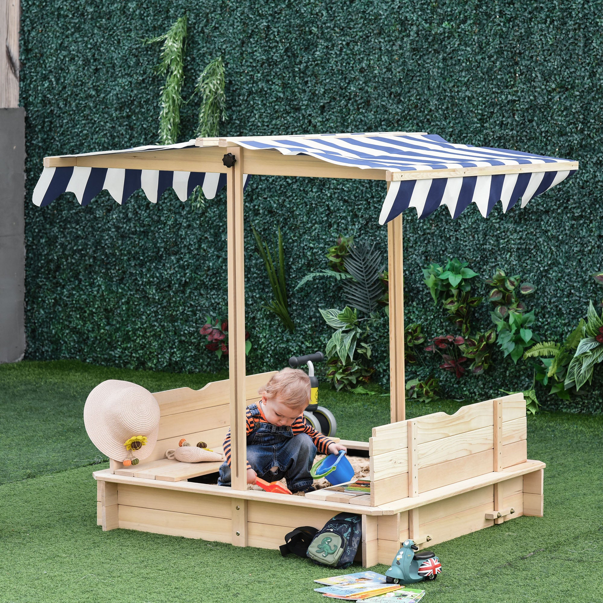 Covered Sandbox, Wooden,with Cover Adjustable Canopy, Detachable Seats and Backrests, Kids Sandbox with Convertible Bench Seat, Bottom Liner, Natural Blue