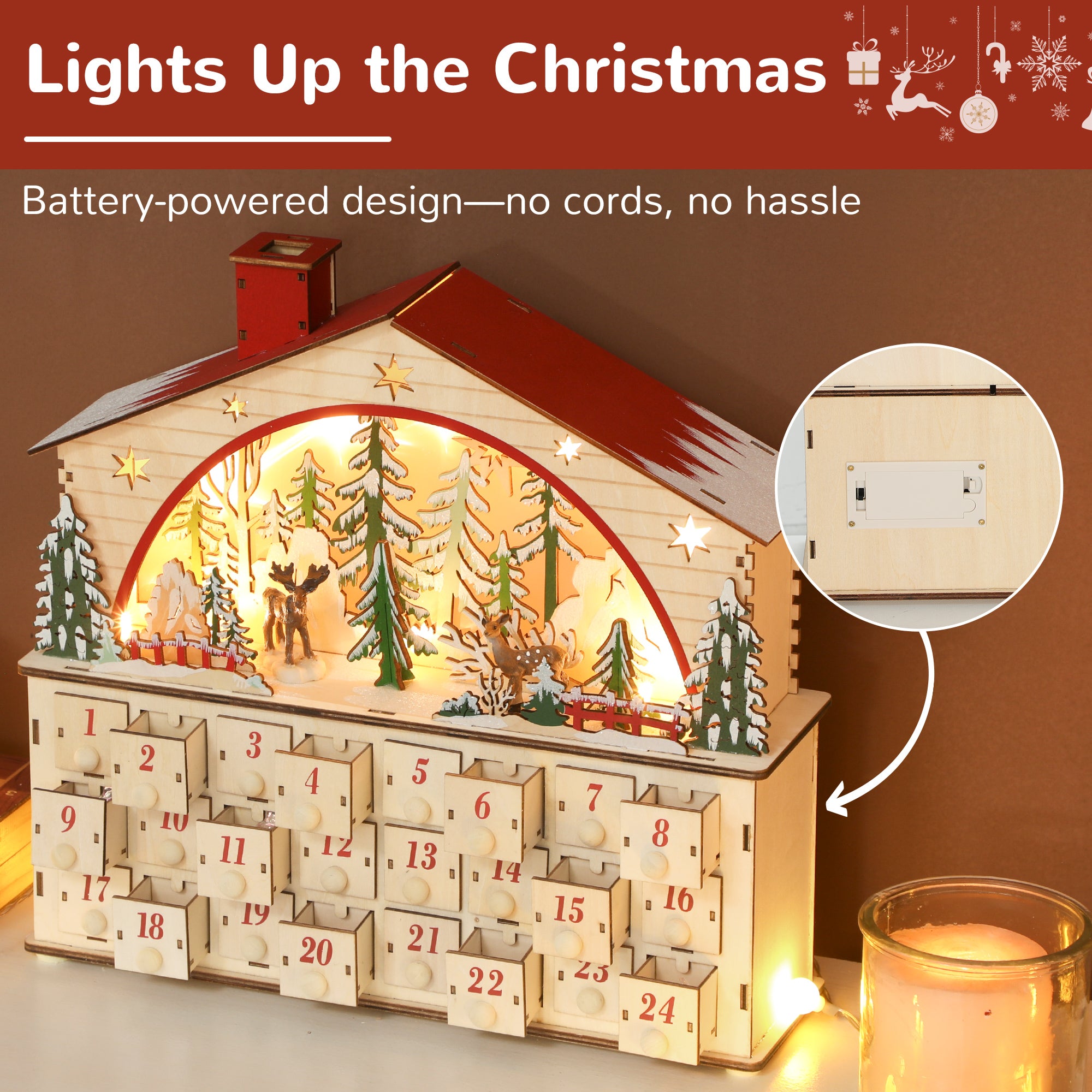 Christmas Advent Calendar with 24 Countdown Drawers and LED Lights, Wooden Advent Calendar House, Battery Operated