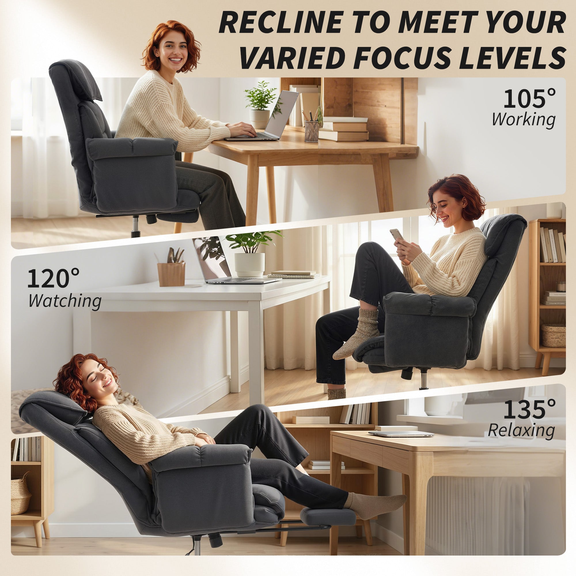 High Back Office Chair, Reclining Desk Chair with Footrest, High Resilience Foam, Rolling Wheels, Dark Gray