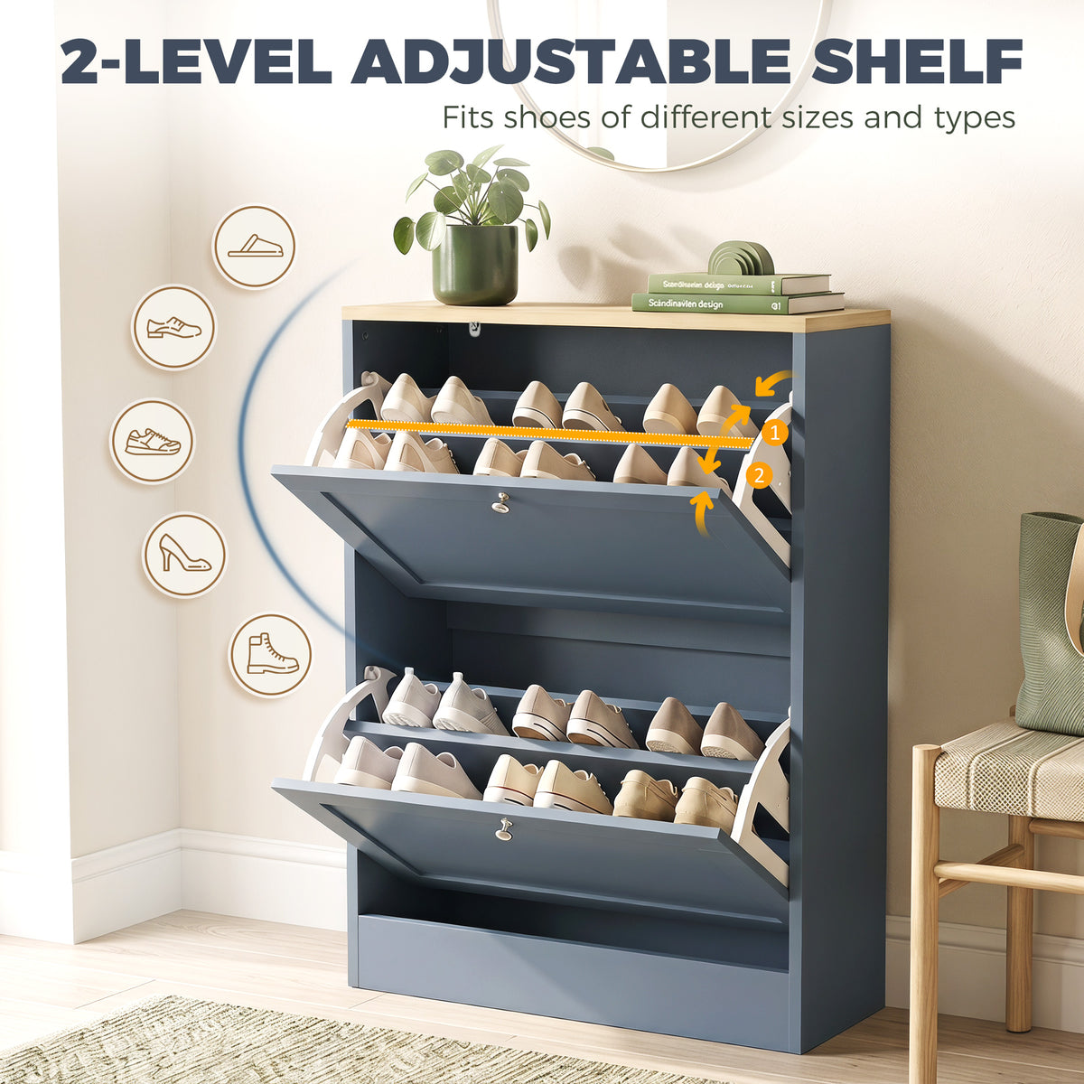Slim Shoe Storage Cabinet, Modern Shoe Cabinet with 2 Flip Drawers and Adjustable Shelves for 8-12 Pairs, Blue