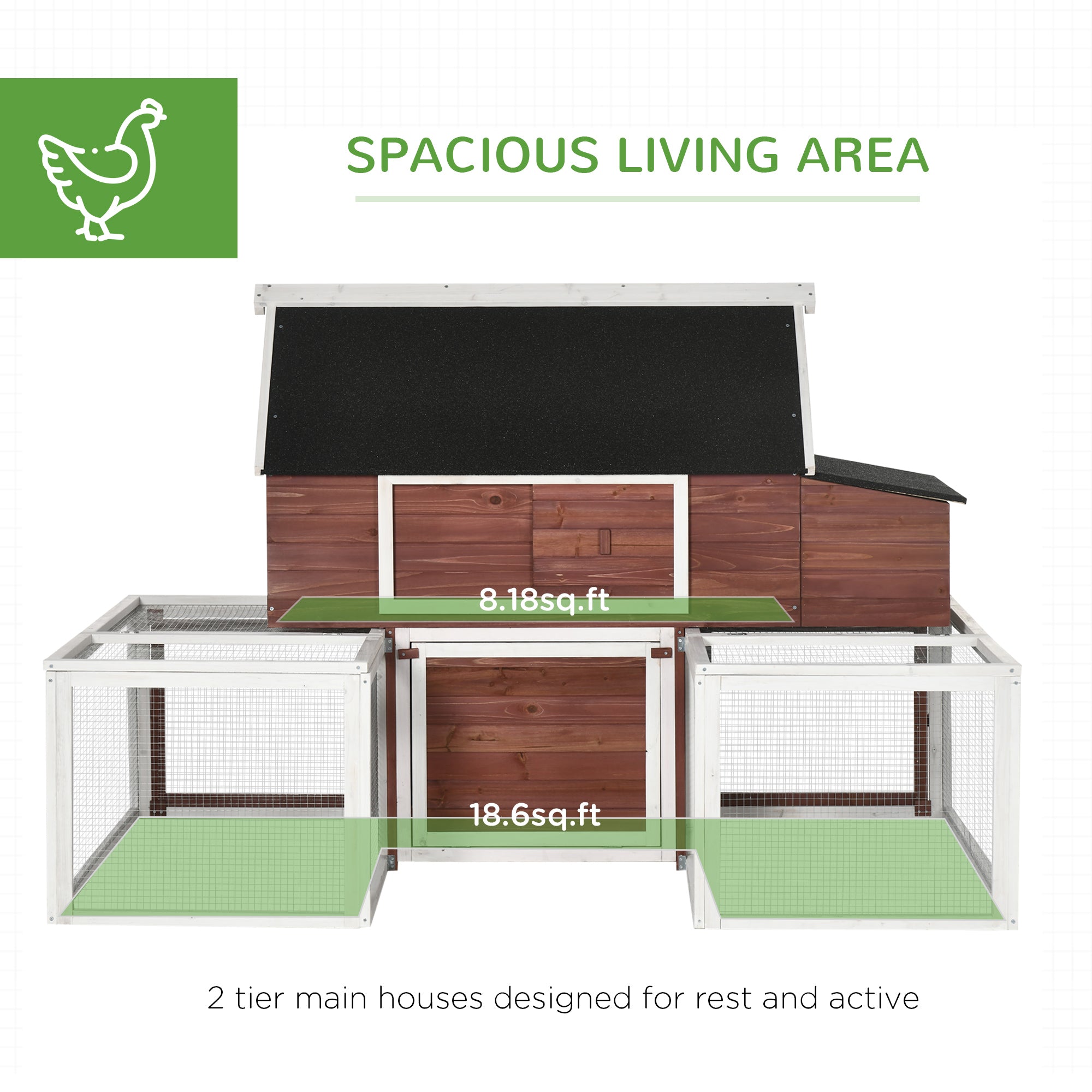 Wooden Chicken Coop, Outdoor Chicken Cage Poultry Hen House with Nesting Box, Double Runs, Asphalt Roof, Ramp - Reddish Brown and White - Image 4