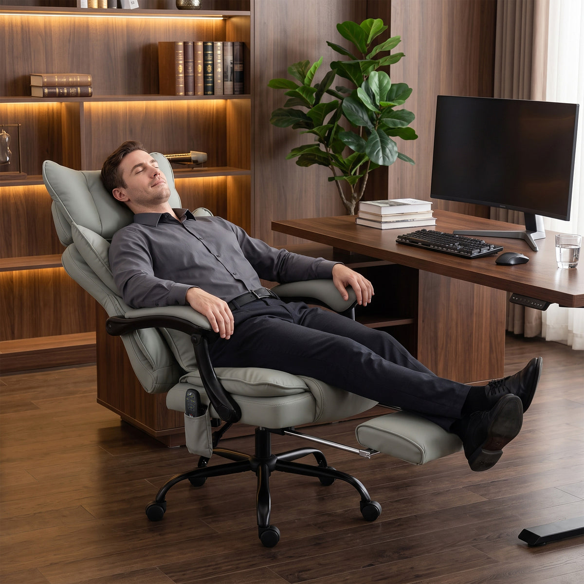 High Back Vibration Massage Office Chair, Heated Reclining PU Leather Computer Chair with Headrest, Gray