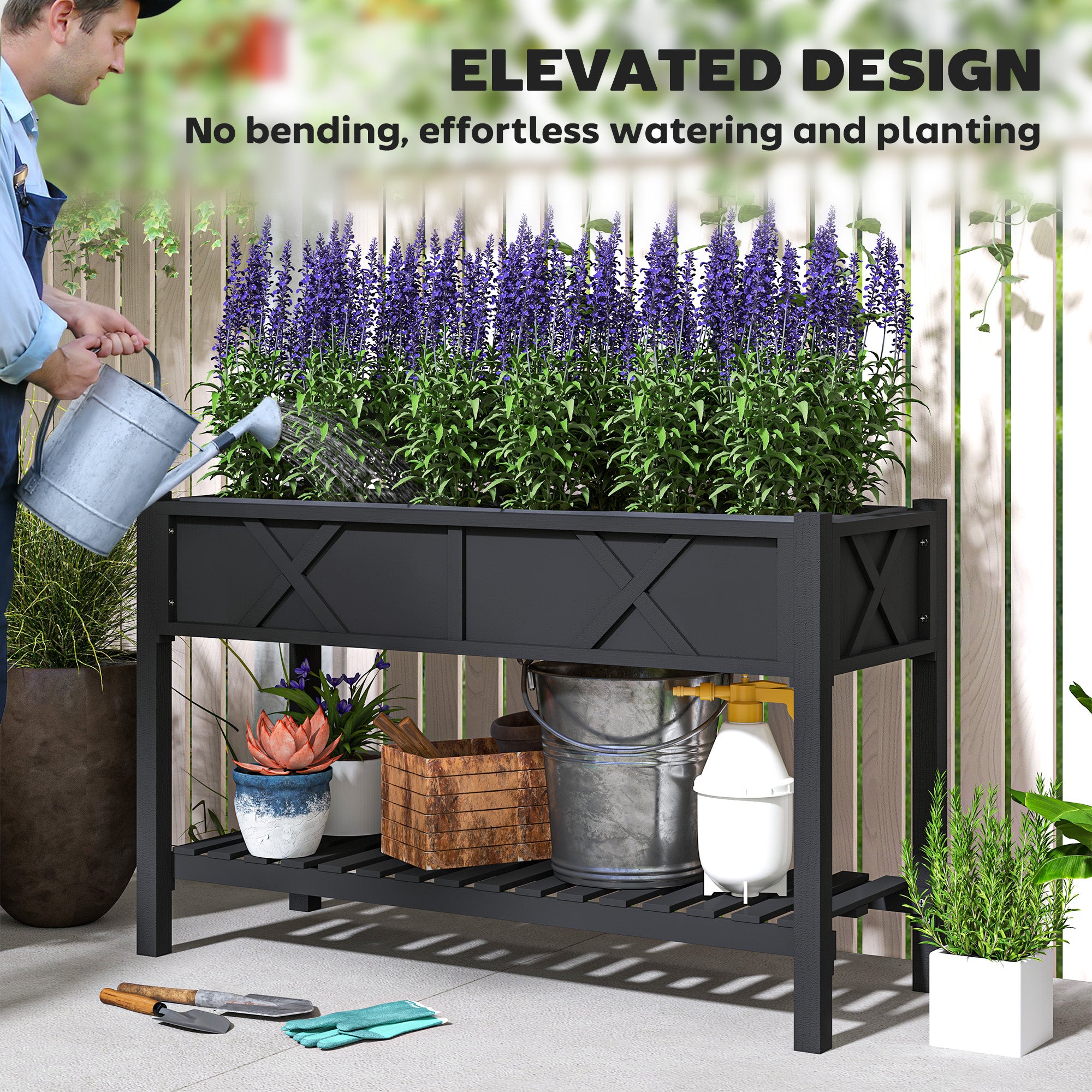 Raised Garden Bed, 47 x 22 x 31.5 in. Elevated Wood Planter Box with Storage Shelf, Drainage Holes, and Liner, Black - Black - Image 6