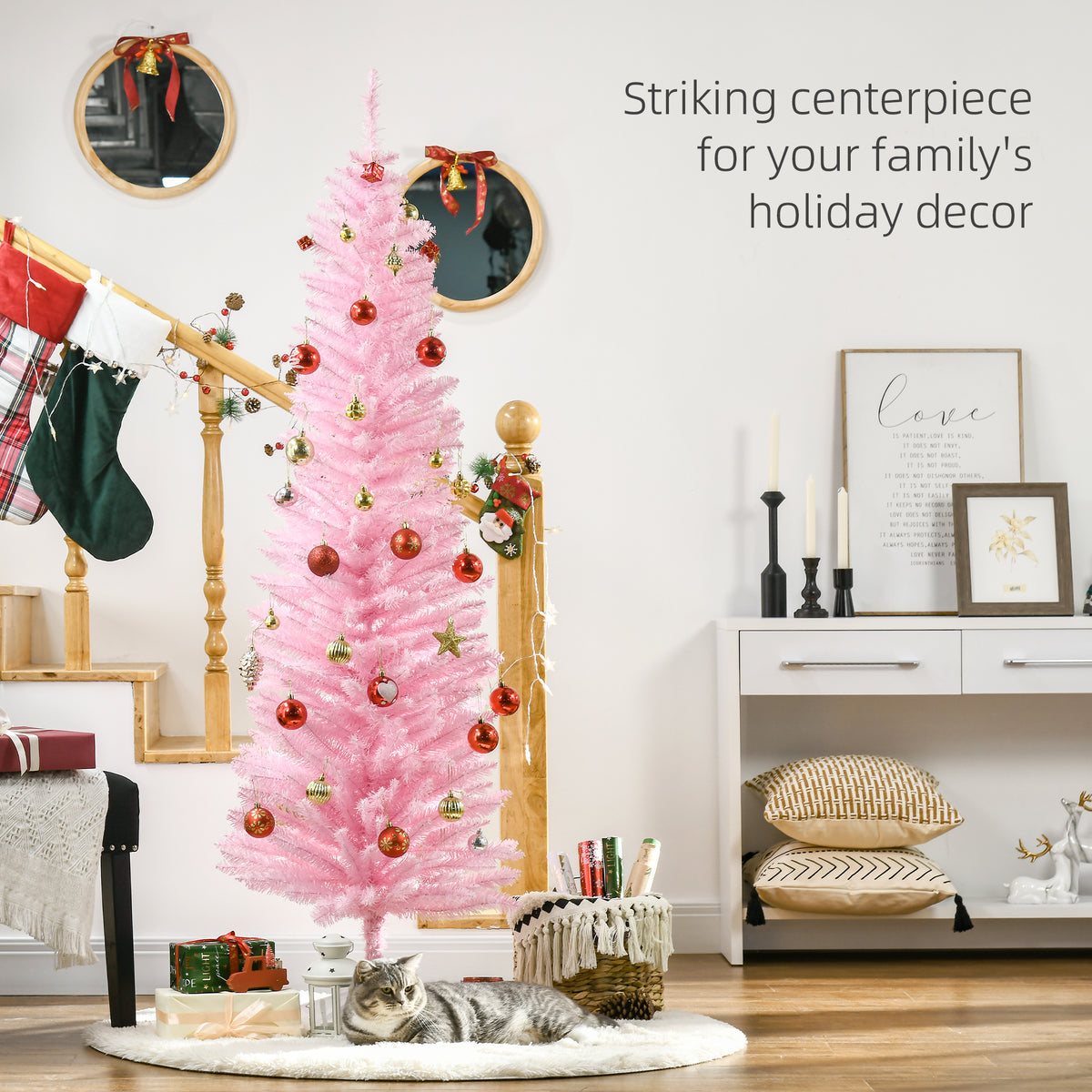 6' Artificial Pencil Christmas Tree, Slim Xmas Tree with 390 Realistic Branch Tips and Plastic Stand, Pink