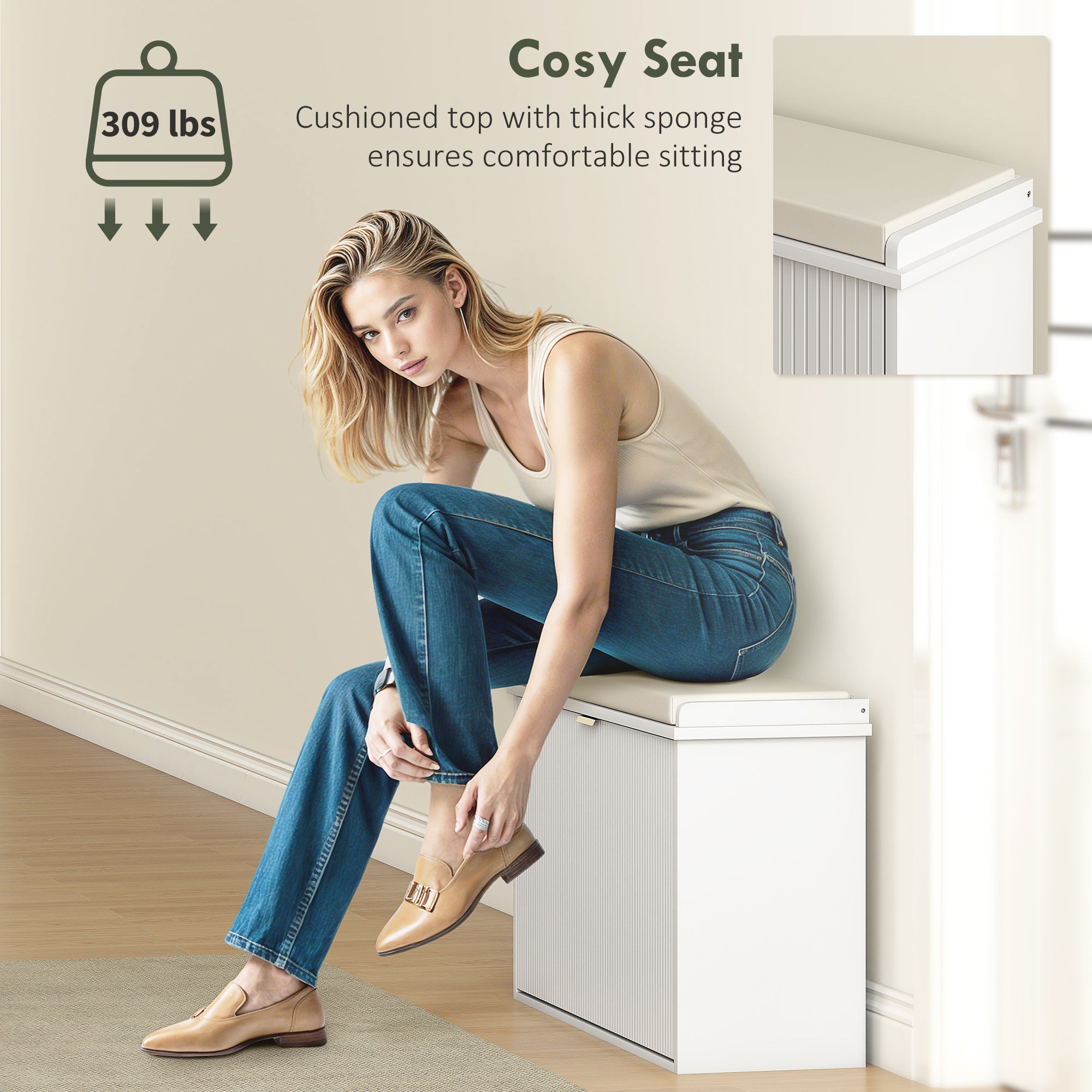Shoe Storage Bench with Padded Seat Cushion and Flip-Drawer, Entryway Bench, Shoe Cabinet, 31.5x10.2x18.7 Inches, White