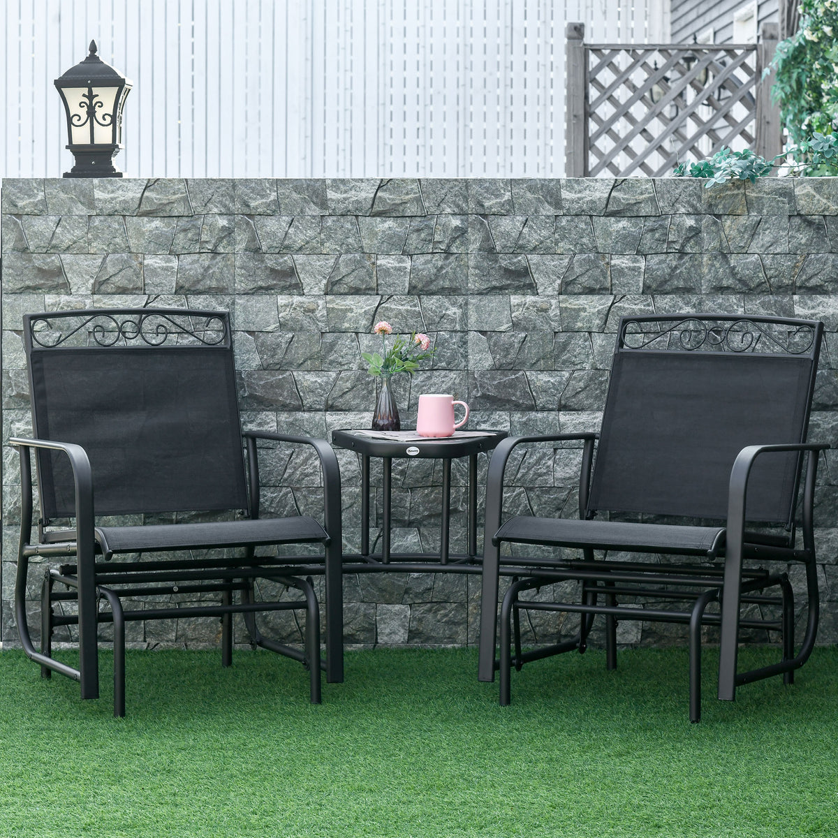 Outdoor Glider Chairs with Coffee Table, Patio 2-Seat Rocking Chair Swing with Breathable Sling for Backyard, Black
