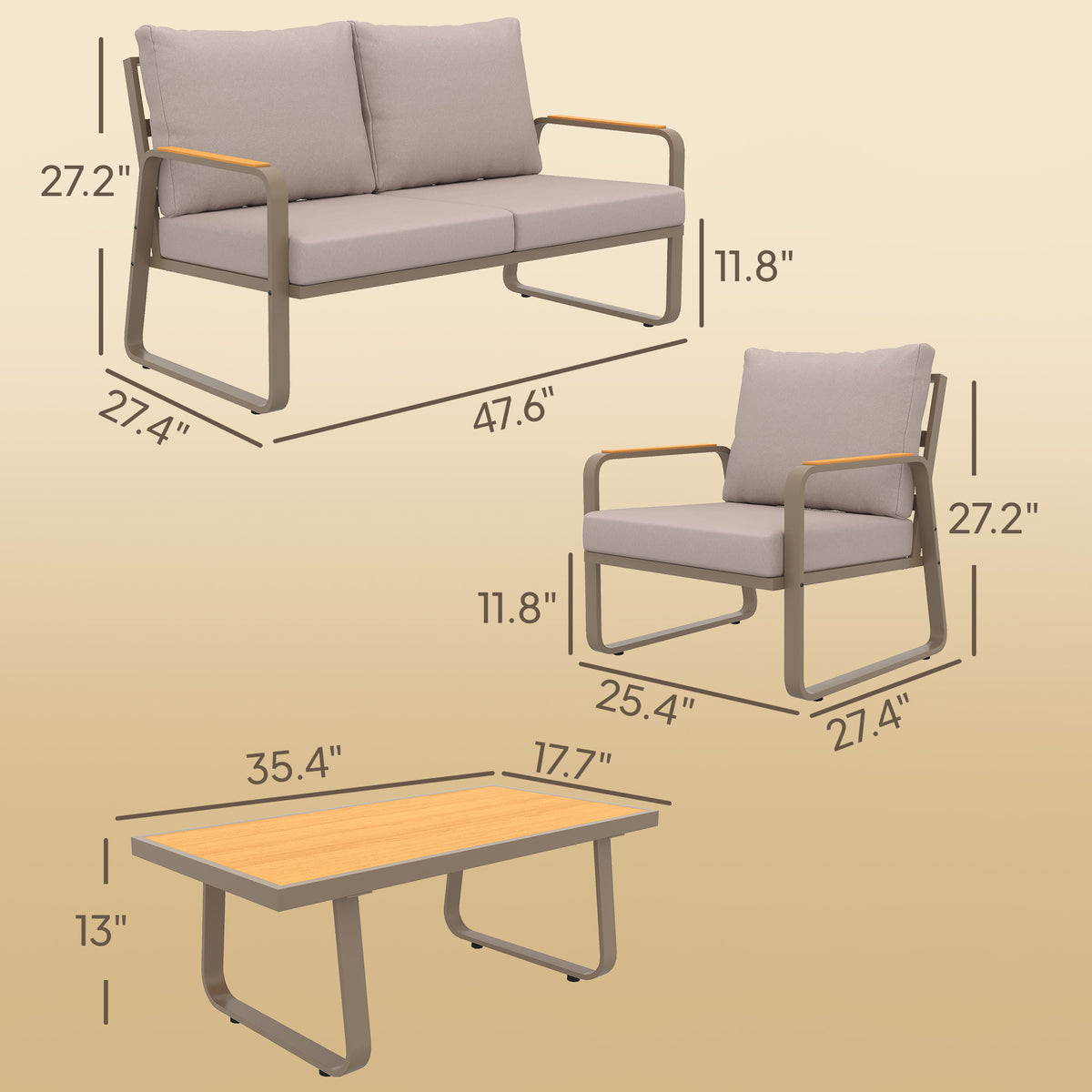 4 Piece Patio Furniture Set, Outdoor Sofa Set with Loveseat, 2 Armchairs, Coffee Table and Cushions
