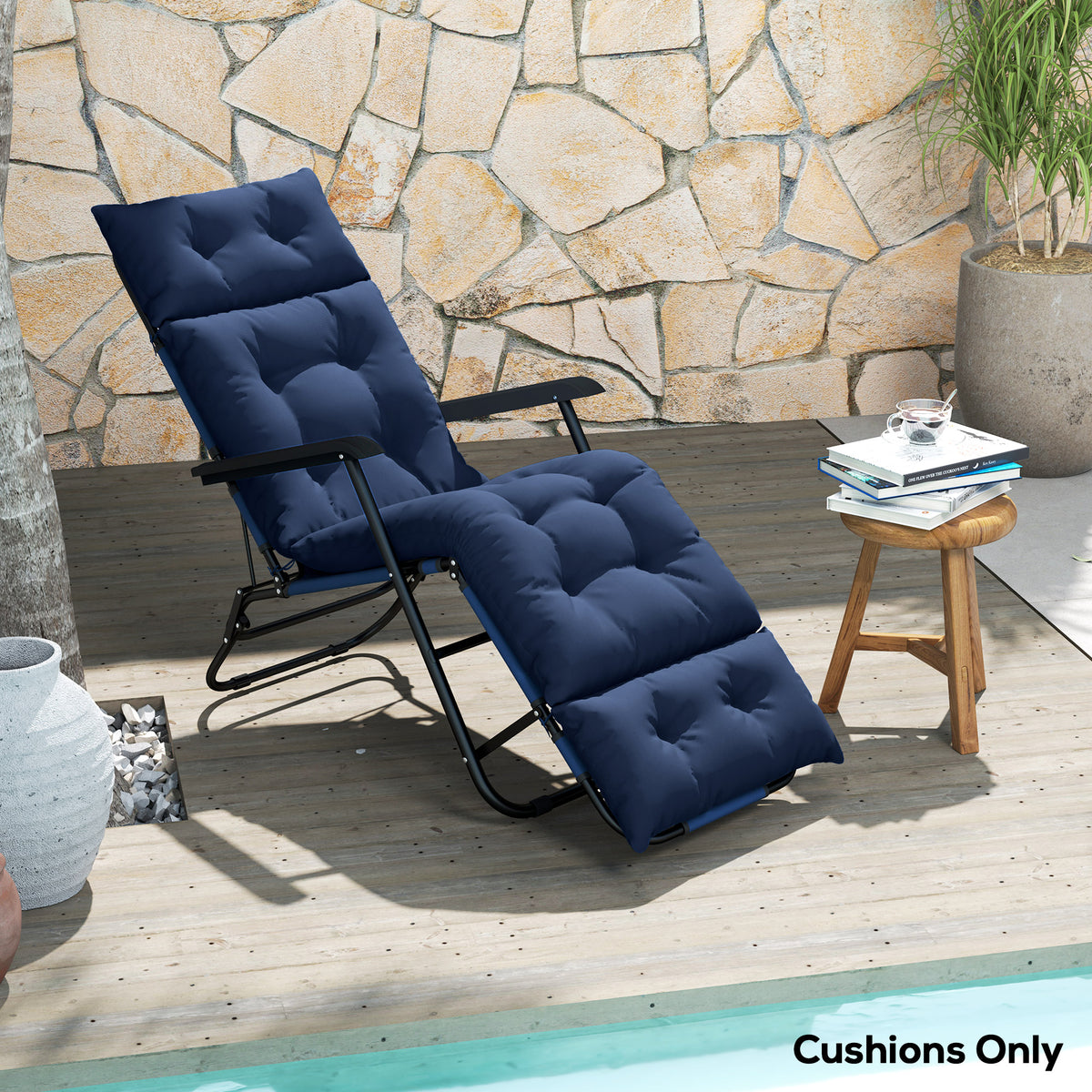 Outdoor Chaise Lounge Cushion, Tufted Thick Patio Lounge Chair Cushion with Ties, 74.8 in. x 22 in. x 4 in., Navy Blue