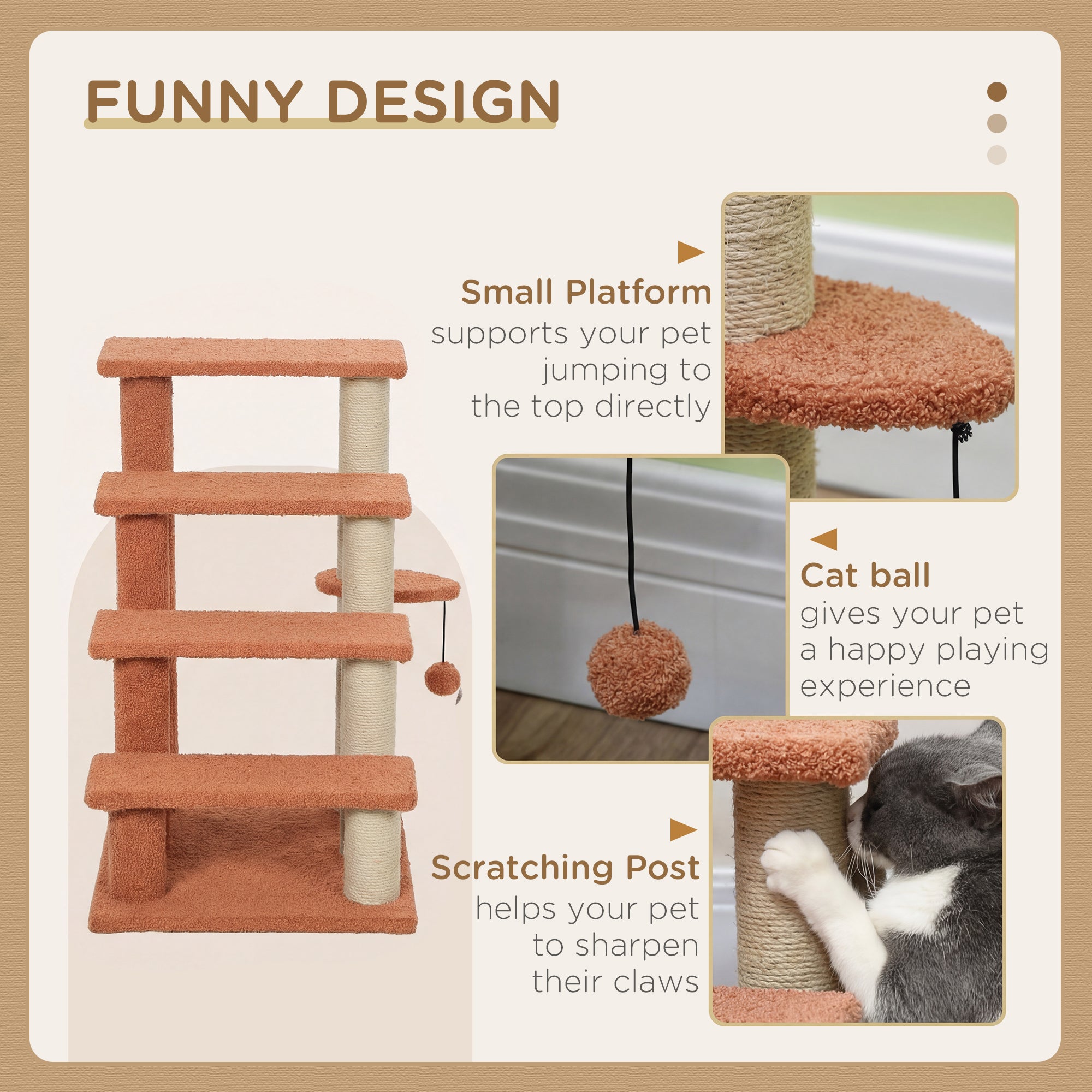 4 Levels Cat Steps with Scratching Posts for High Bed, Sofa, Brown - Brown - Image 5
