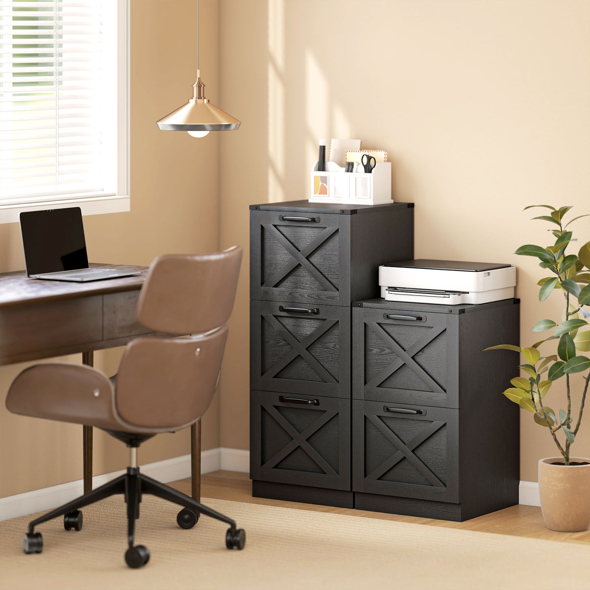 Vertical Storage Drawers Farmhouse X Pattern Printer Stand Fits Letter Files 2 Drawers Black