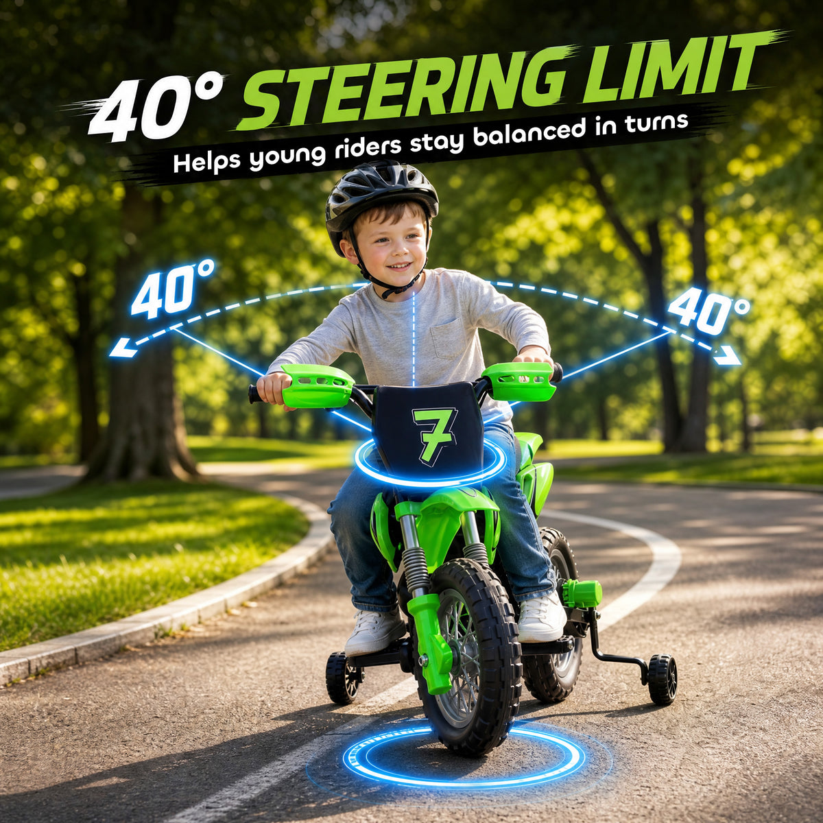 12V Kids Motorcycle, 2 x 35W Electric Dirt Bike with Training Wheels, Rear Suspension, Horn for 3-6 Years, Green