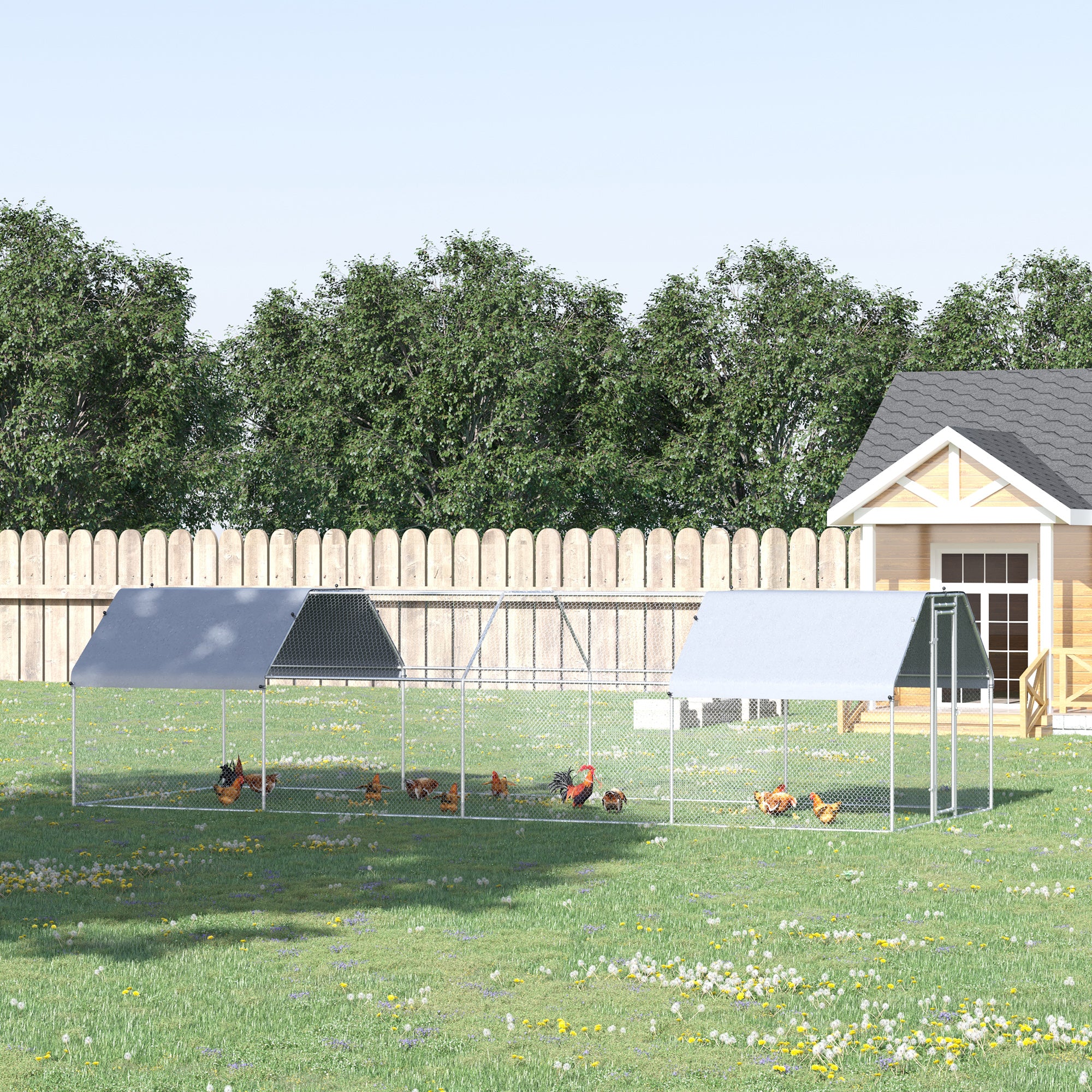 Large Chicken Coop Metal Chicken Run with Waterproof and Anti-UV Cover, Flat Shaped Walk-in Fence Cage Hen House for Outdoor and Yard Farm Use, 1.3" Tube Diameter, 9' x 24' x 6.5' - Silver - Image 2