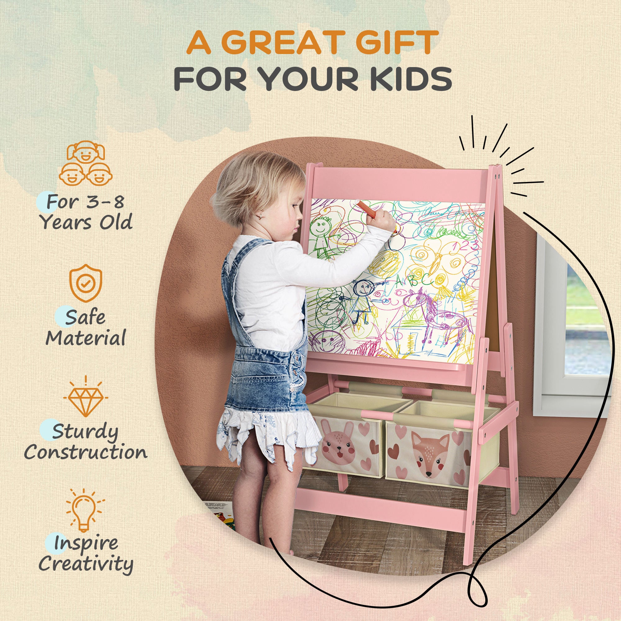Art Easel for Kids with Paper Roll, Blackboard, Whiteboard, Storage, Pink