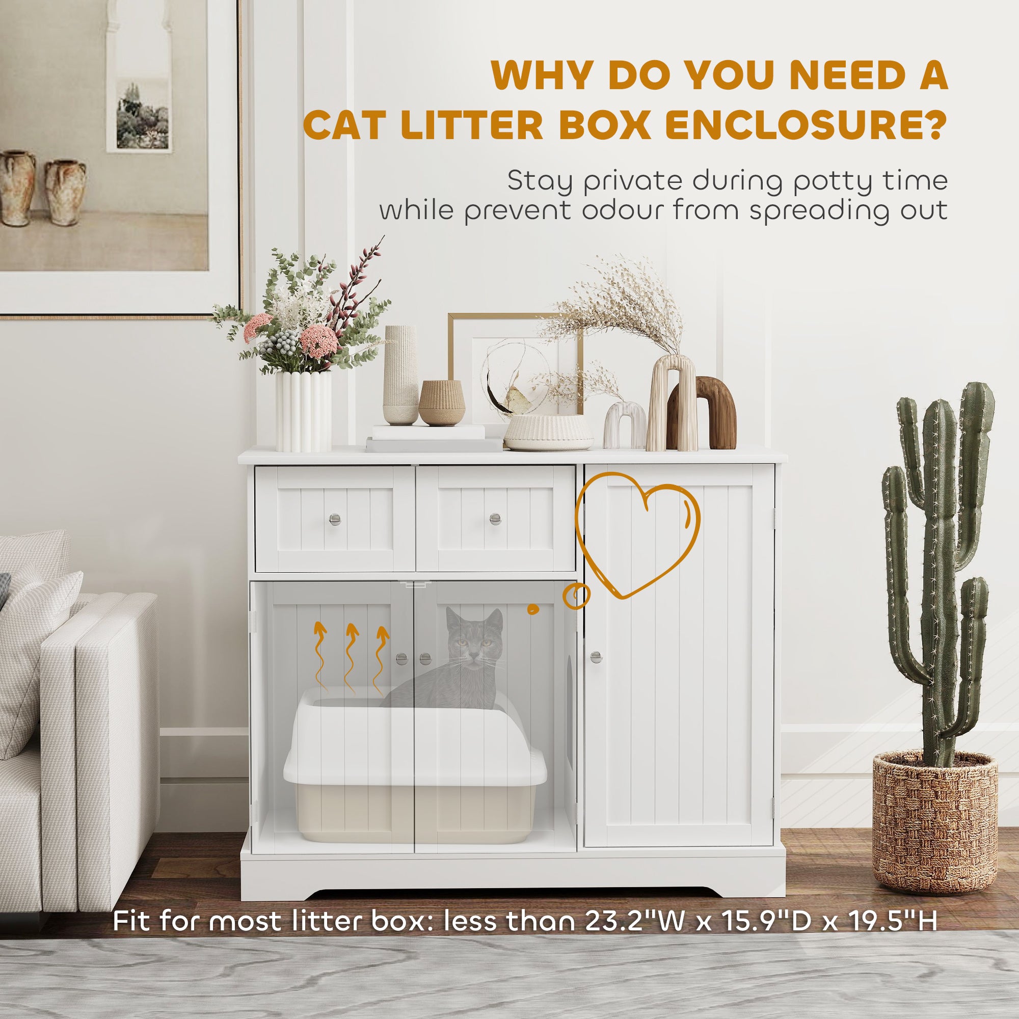 Cat Litter Box Enclosure with Drawers, Storage, Anti-tip Kit, 39" x 18" x 31.5", White - White - Image 5