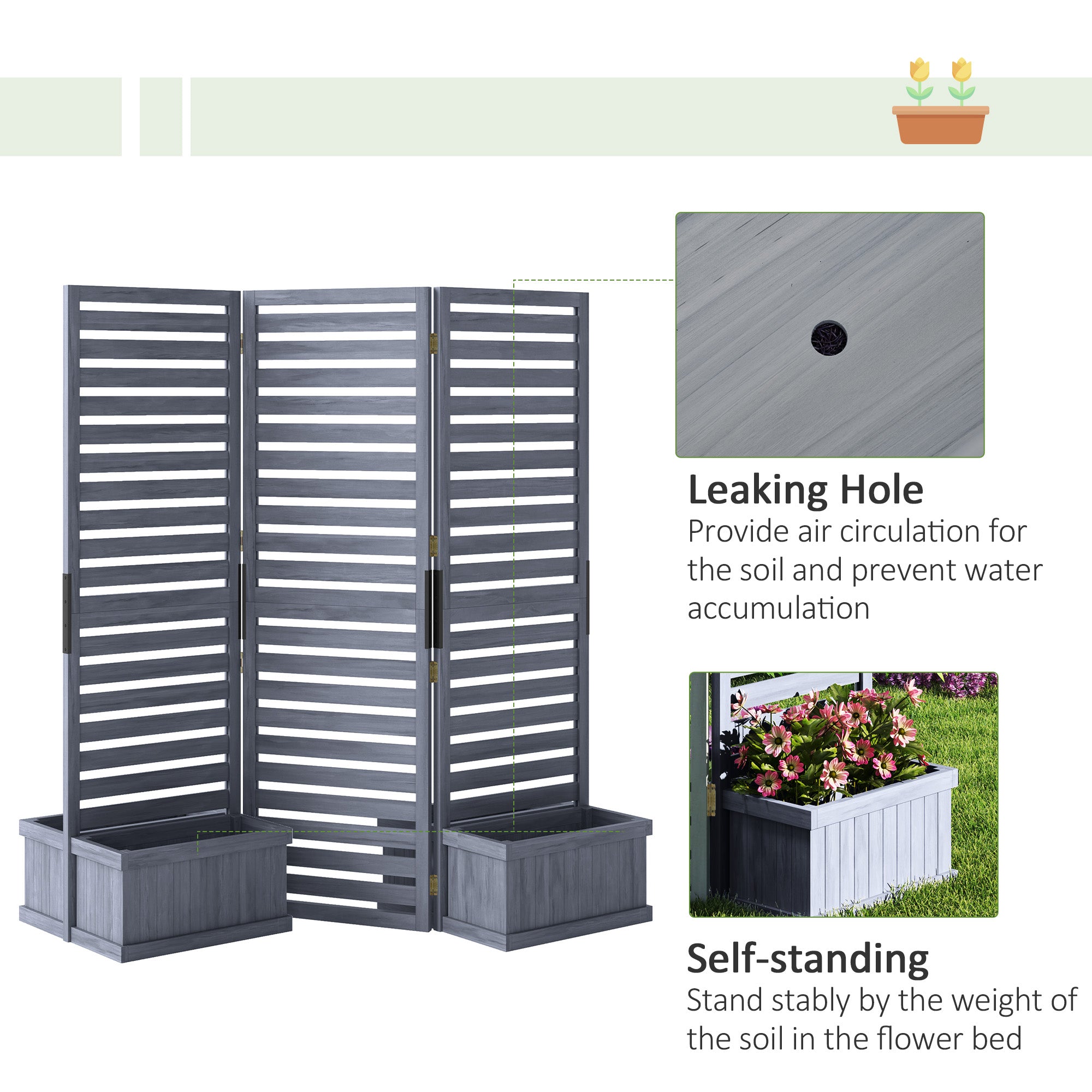 Wood Privacy Screen w/ 4 Planter Box, Raised Bed w/ 3 Panels & Drainage Holes - Gray - Image 6