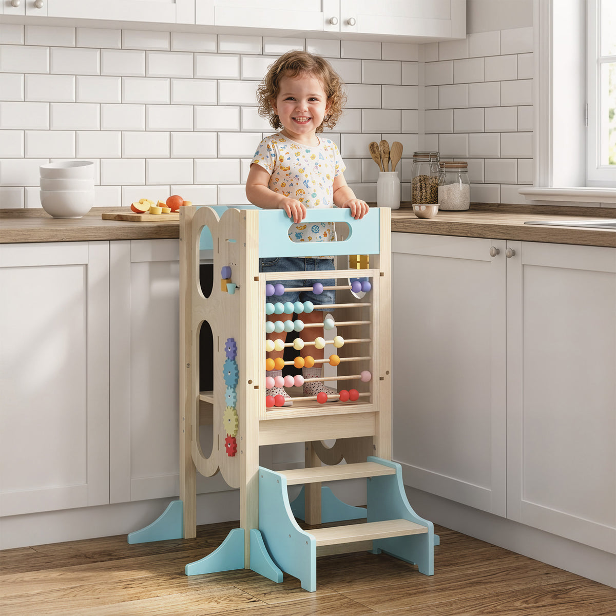 6-in-1 Toddler Kitchen Step Stool Helper, Montessori Toddler Standing Tower w/ Blackboard for 3-6 Year, Blue