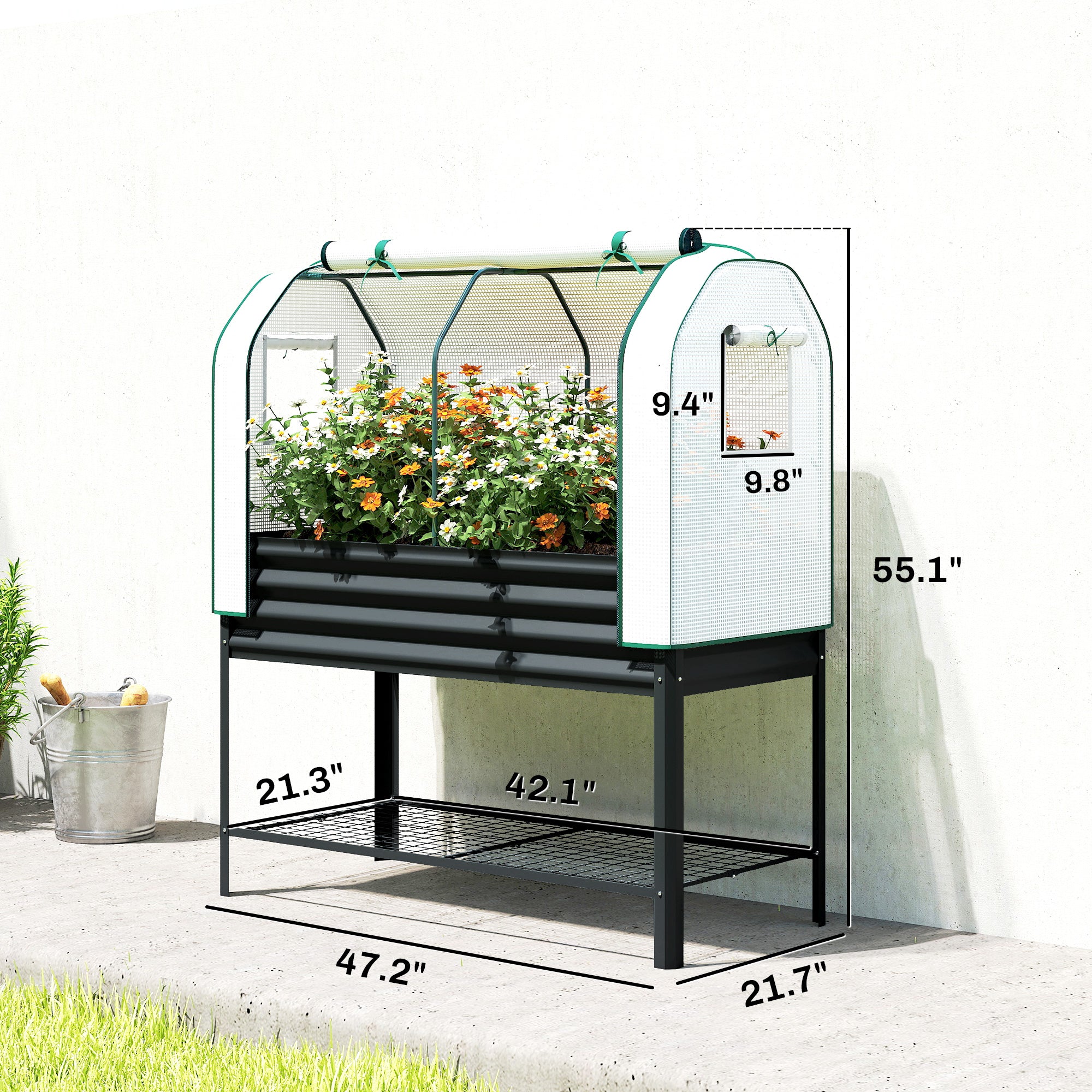Galvanised Raised Garden Bed with Greenhouse Cover, Metal Elevated Garden Bed with Bed Liner, Bottom Shelf, Black - Black - Image 3