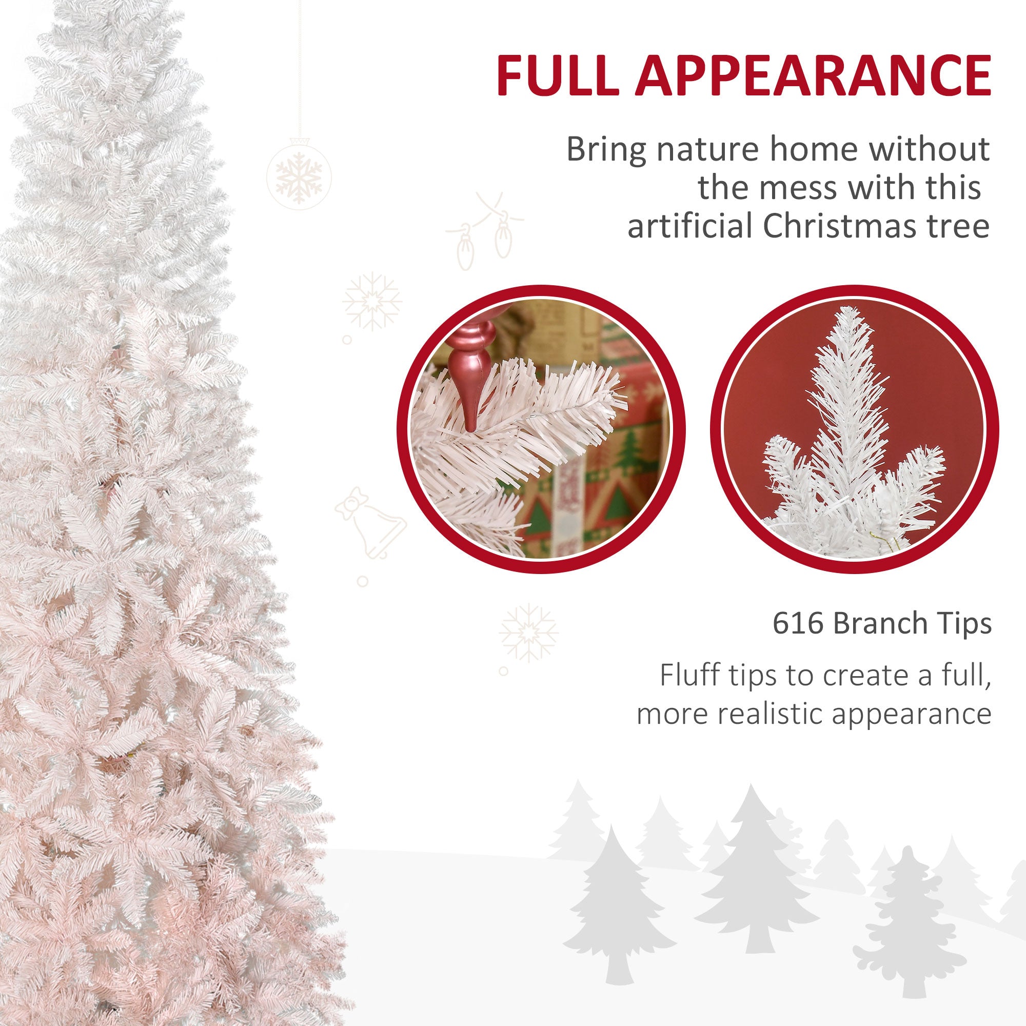 7' Tall Unlit Pencil Fir Artificial Christmas Tree with Realistic Branches and Steel Base, Pink and White