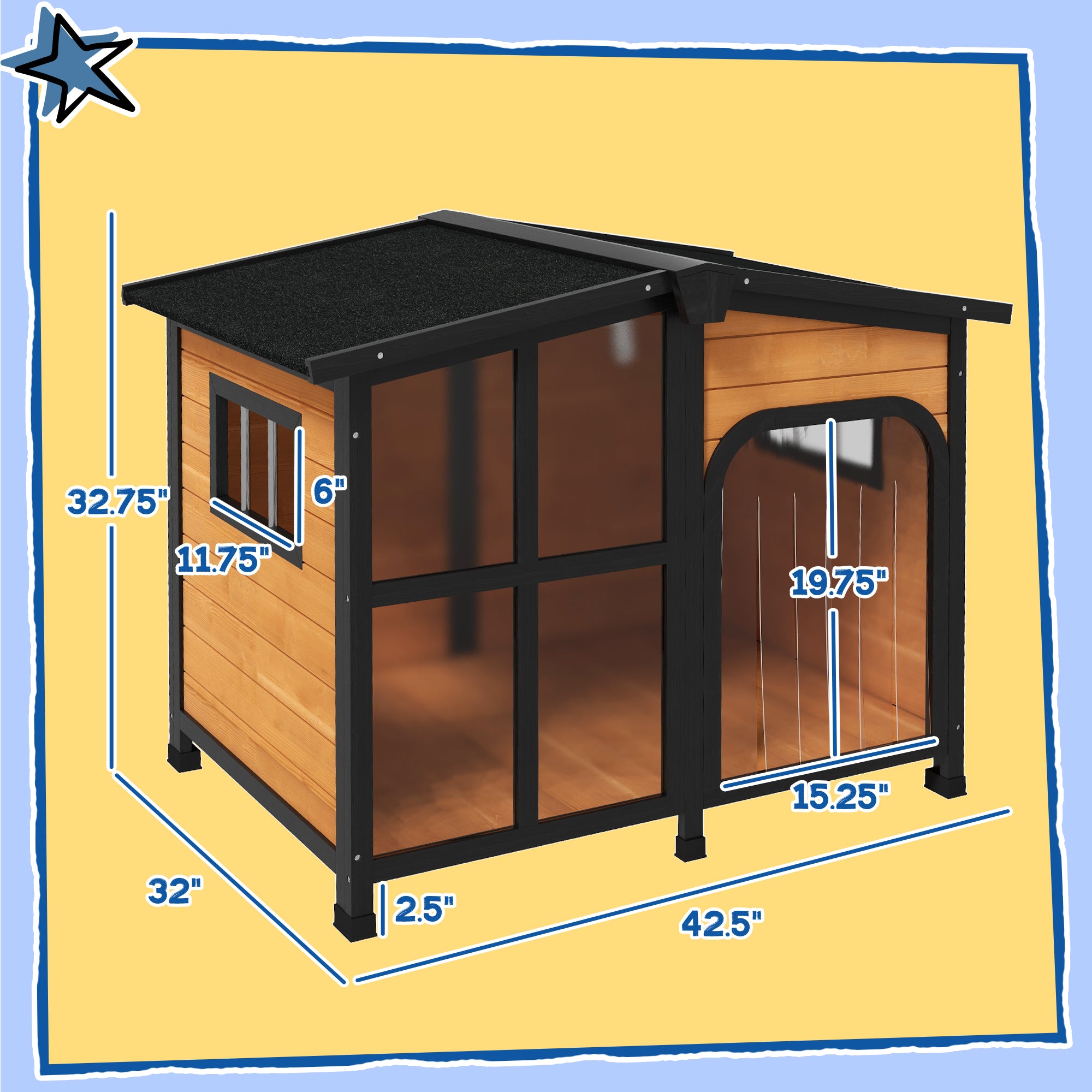 Cabin-Style Wooden Dog House for Large Dogs with Openable Roof & Giant Window, Yellow - Yellow - Image 3