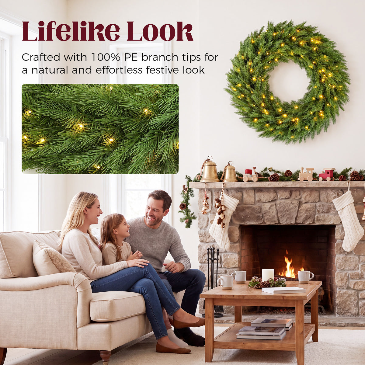 Christmas Decoration, 36 in Pre-Lit Norwegian Spruce Artificial Christmas Wreath with 100 LED Lights, Green
