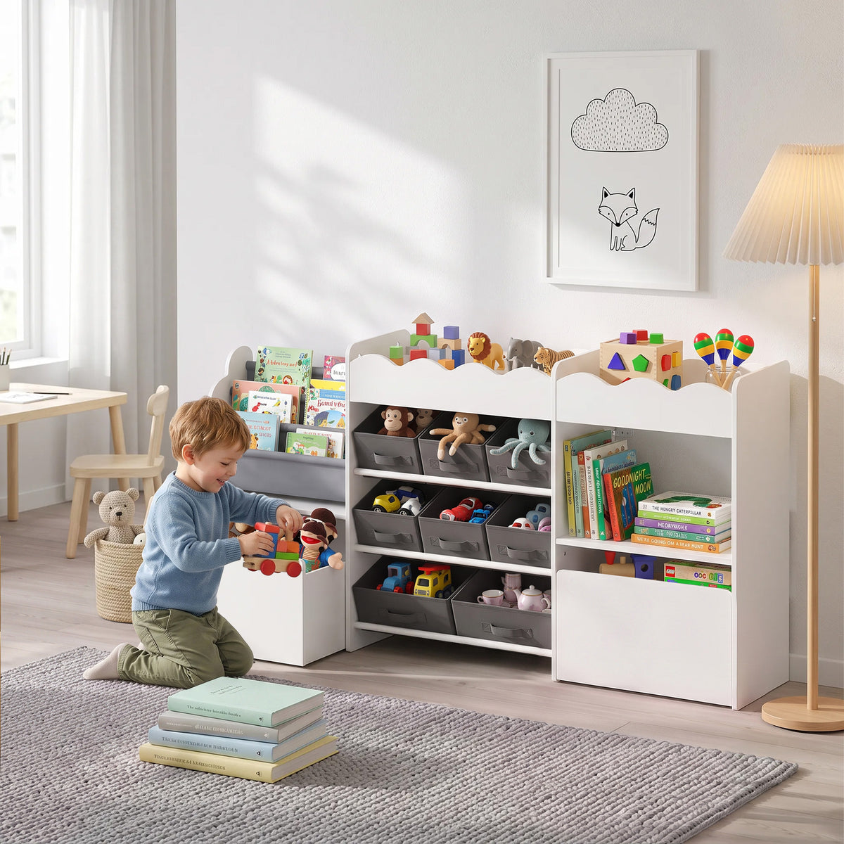 Kids Toy Storage Organizer, Kids Bookshelf with 8 Fabric Bins, 2 Rolling Drawers, Open Shelves for Kids Room, White