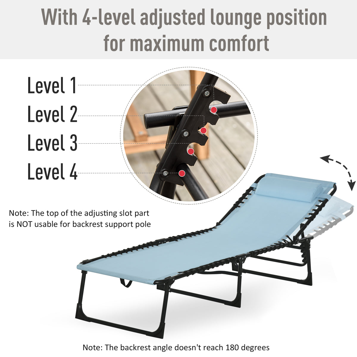 Folding Chaise Lounge Pool Chair with 4-Position Reclining Back, Pillow, Breathable Mesh & Bungee Seat, Baby Blue