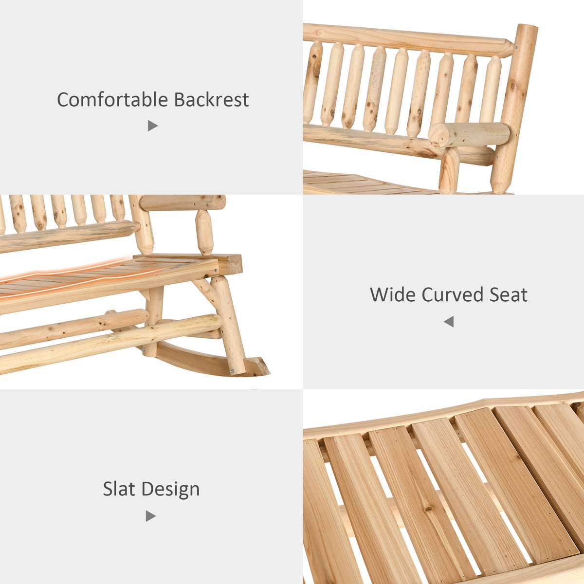 2-Person Wood Rocking Chair with Log Design, Heavy Duty Loveseat with Wide Curved Seats for Patio, Backyard, Garden, Natural