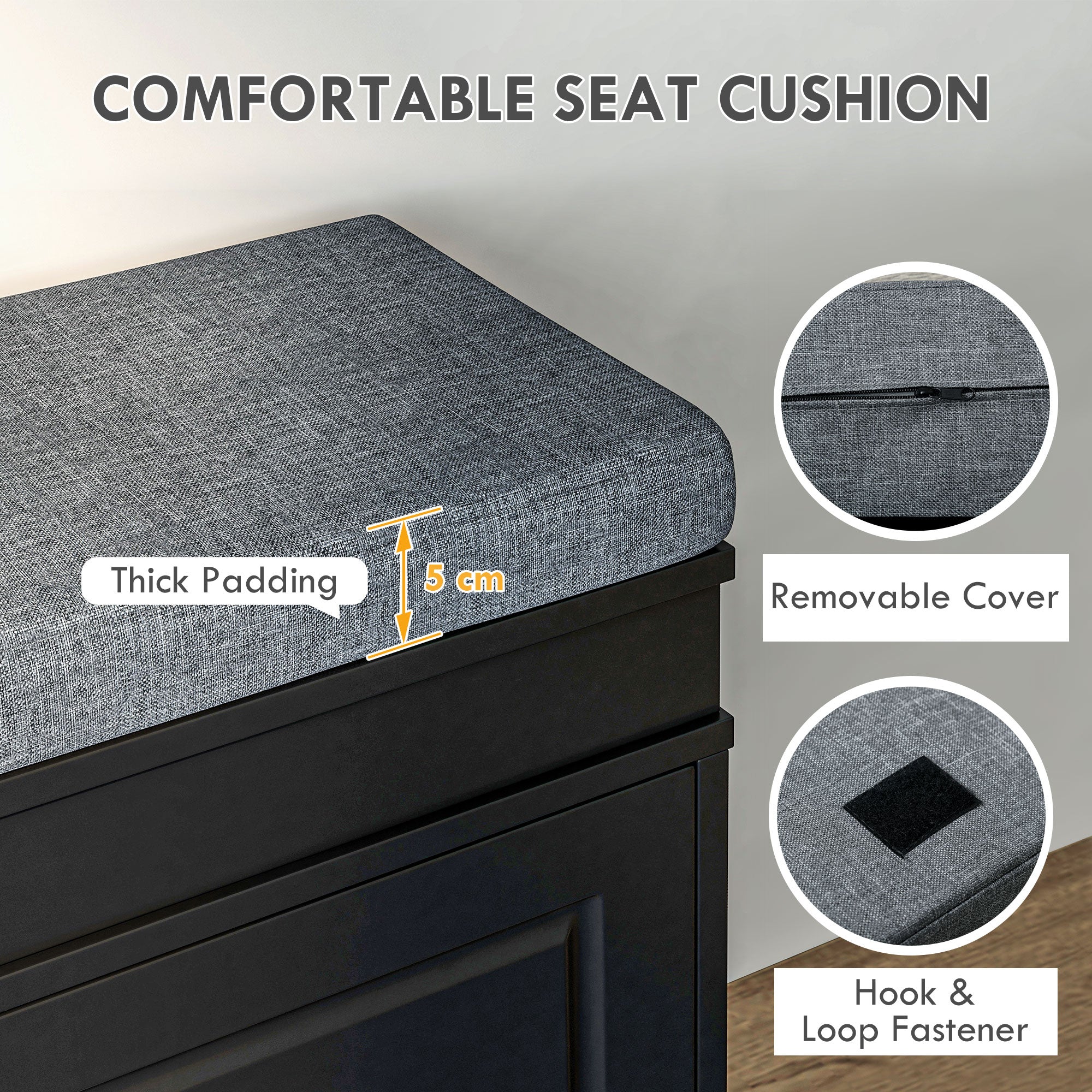 Modern Shoe Storage Bench, Entry Way Bench with Cushion, 2 Drawers, Storage Ottoman Bench, Holds 8 Pairs, Black