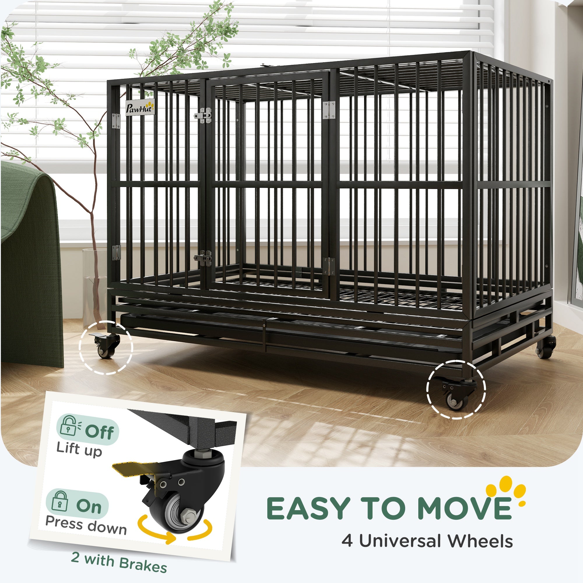 48" Heavy Duty Dog Crate Metal Cage Kennel with Lockable Wheels, Double Door and Removable Tray, gray - Gray - Image 4