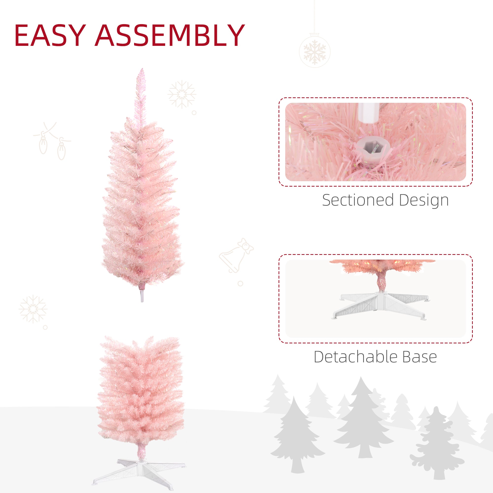 5' Prelit Christmas Tree, Pencil Artificial Christmas Tree with Colorful Surface Branches, Colorful LED Lights, Pink