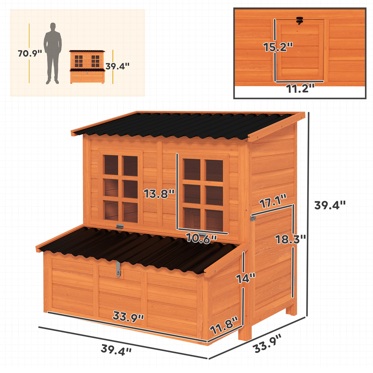 Wooden Chicken Coop with Nesting Box, Pull-Out Tray, Waterproof Roof, 39" Chicken House for 2-4 Chickens, Rabbits