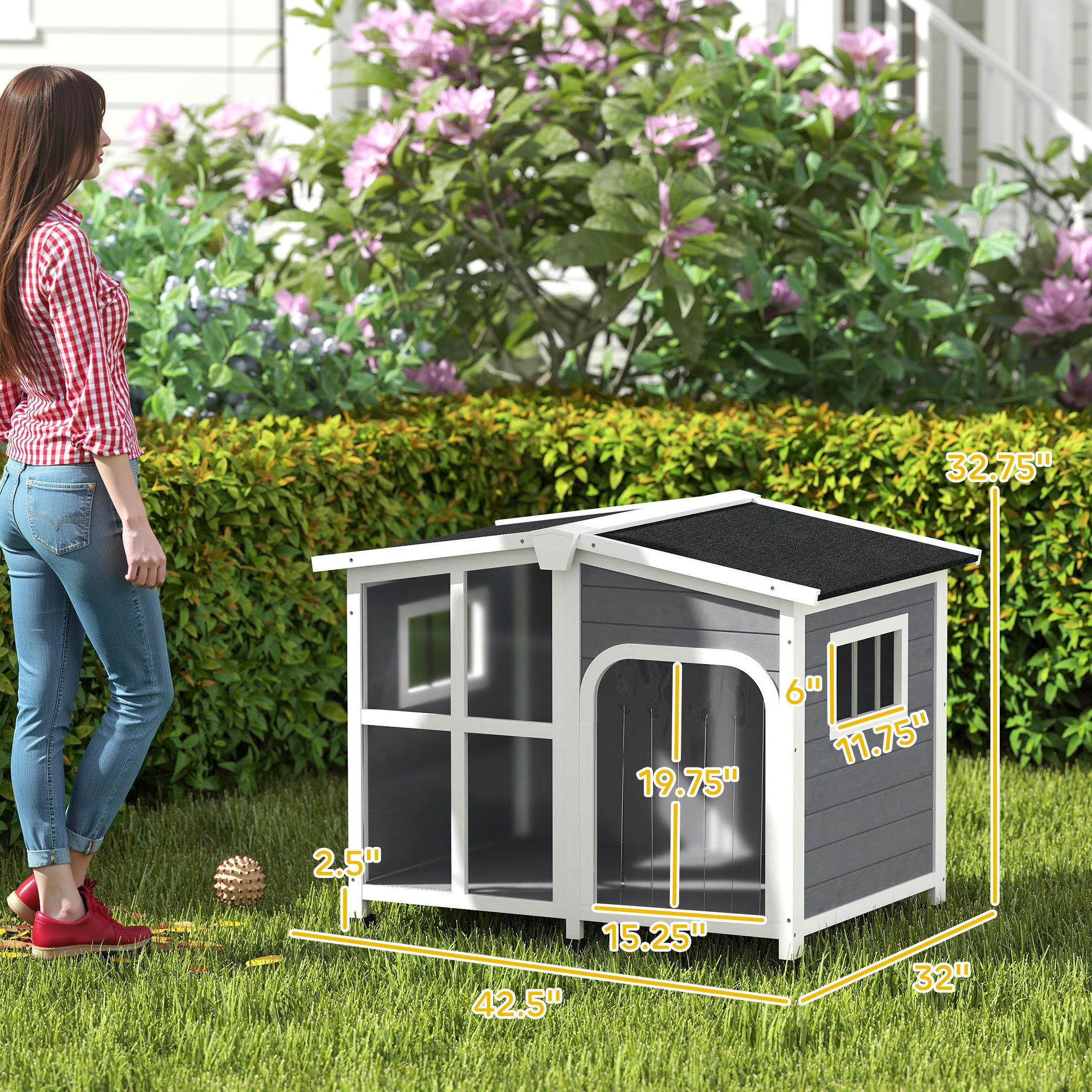 Cabin-Style Wooden Dog House for Large Dogs with Openable Roof & Giant Window, Dark Gray - Dark Gray - Image 3