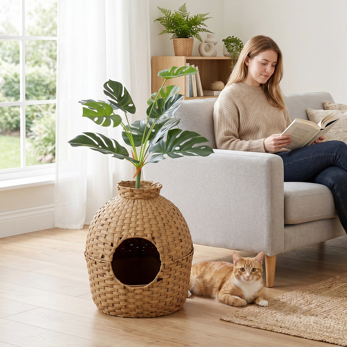 Hidden Cat Litter Box Enclosure with Faux Plant & Stainless Steel Tray for Bedroom, Living Room, Corner