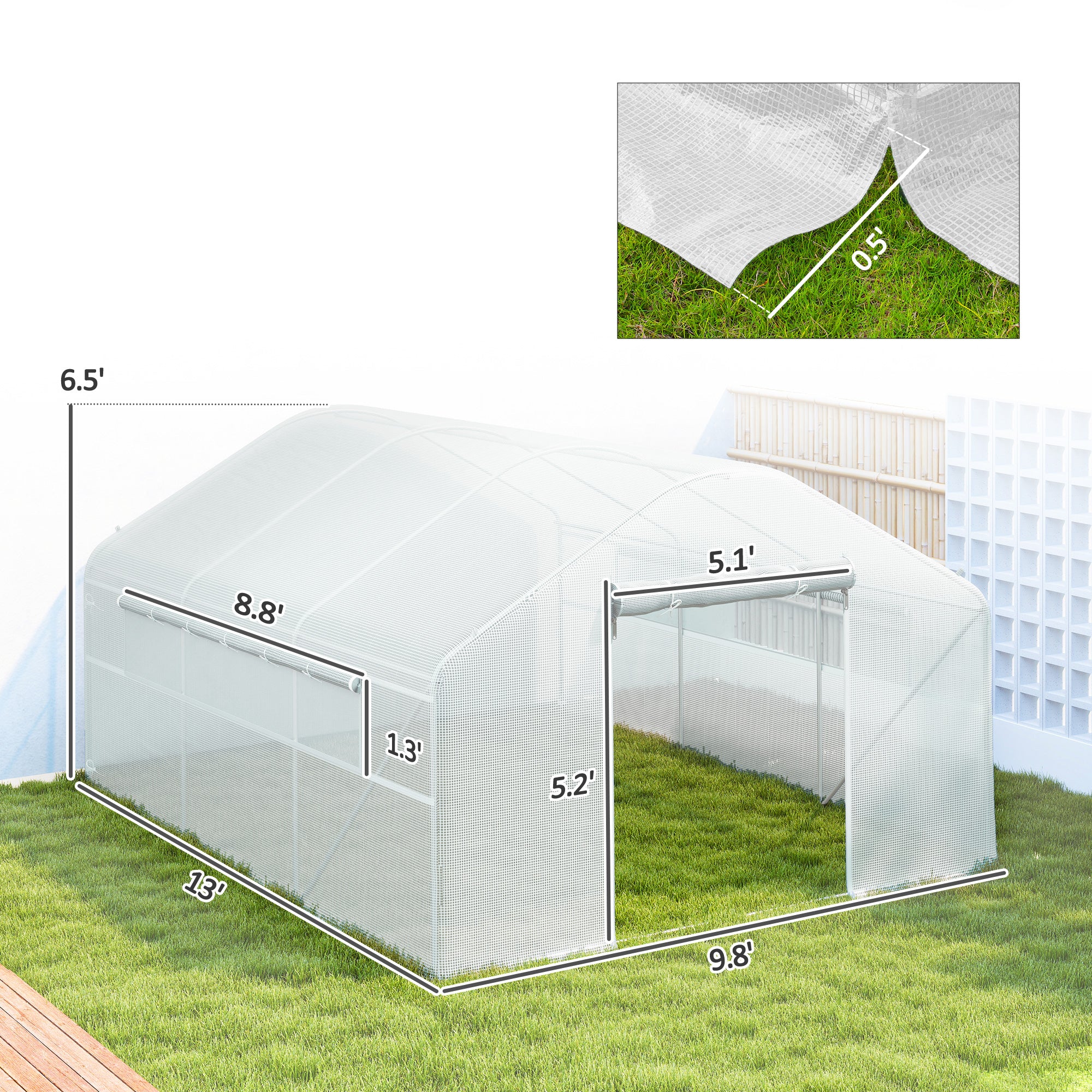 13' x 10' x 6.5' Tunnel Greenhouse Hoop House with Upgraded Galvanized Steel Frame and Large Windows, White - White - Image 3