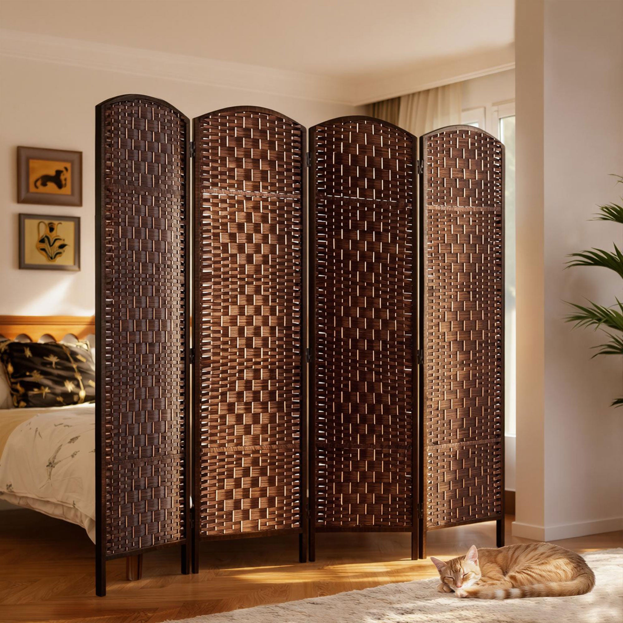 Room Divider 4 Panel, 6FT Tall Folding Privacy Screen, Freestanding Hand-Woven Partition for Room Separation with 360° Hinges, Paper Rope Diamond Weave, Brown