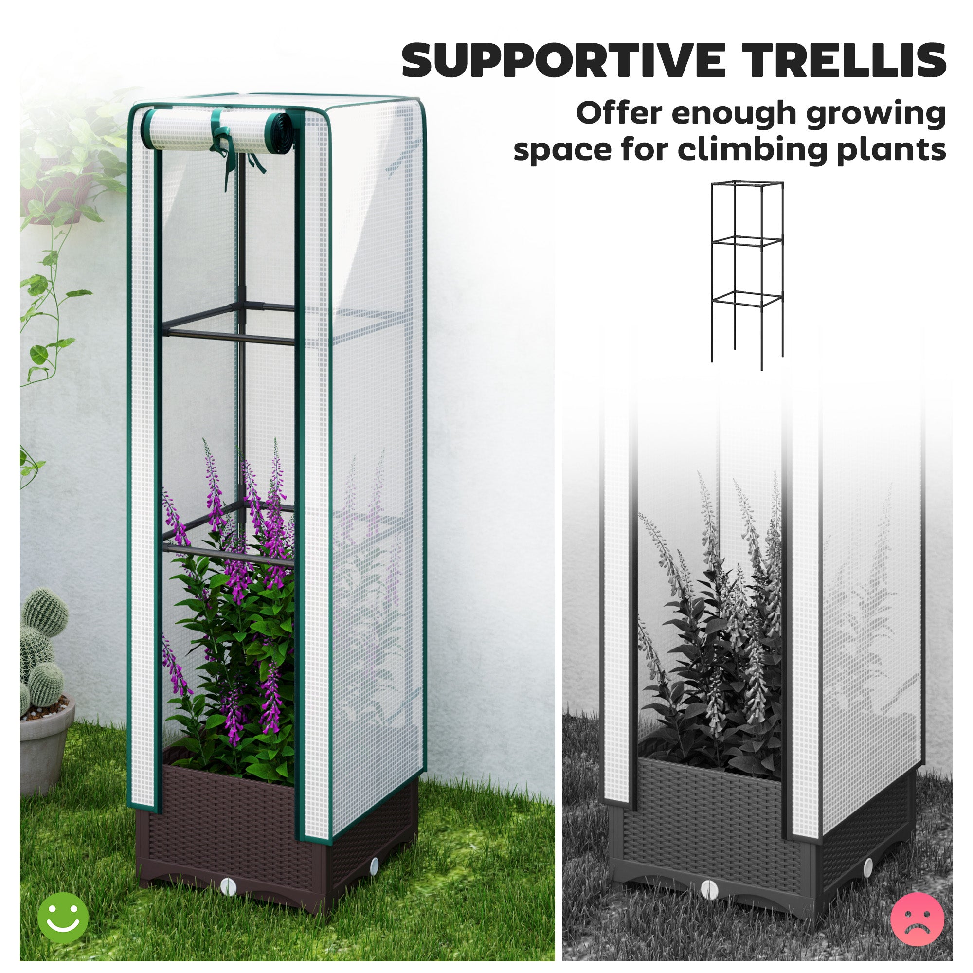 Garden Bed with Trellis, Outdoor Plant Box with PE Cover, Drainage Holes and Zipper Door, 15.7" x 15.7" x 48.8", Brown - Brown - Image 4