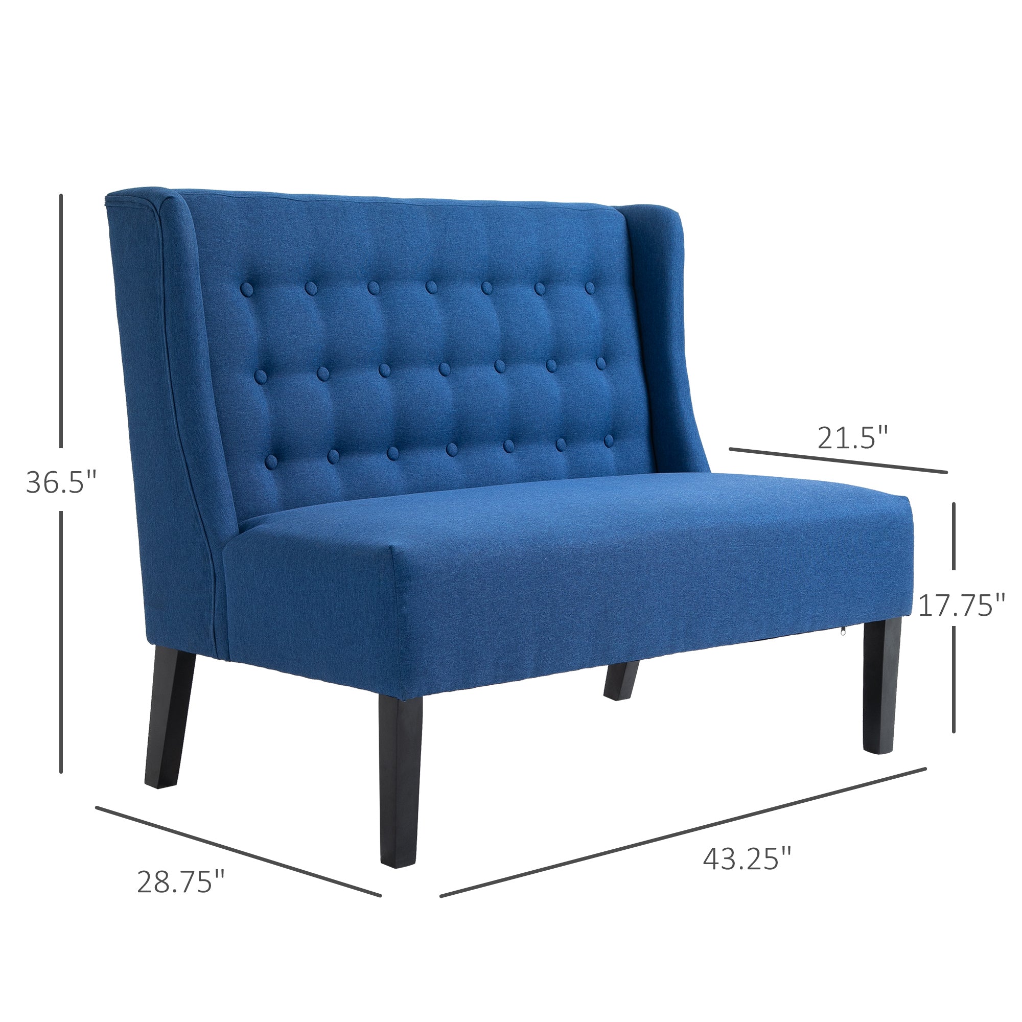 Armless Couch Wingback Double Sofa Linen Fabric Upholstery Button Tufted Loveseat Modern Living Room Settee, Blue