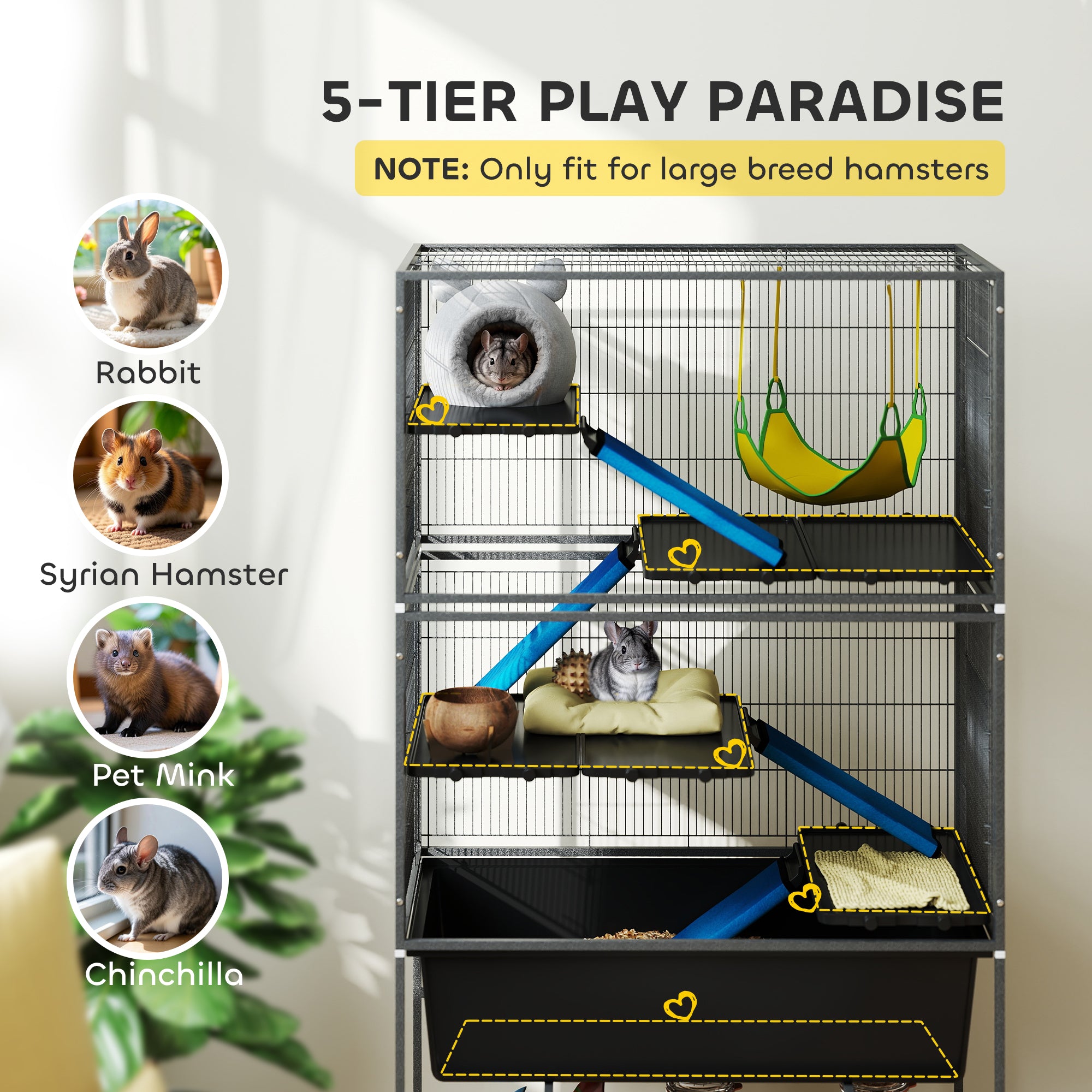 59" 5-Level Small Animal Cage, Rolling Ferret Cage with 6.3" Deep Tray, Non-Slip Cloth Covered Ramps, Hammock, Dark Gray - Dark Gray - Image 4