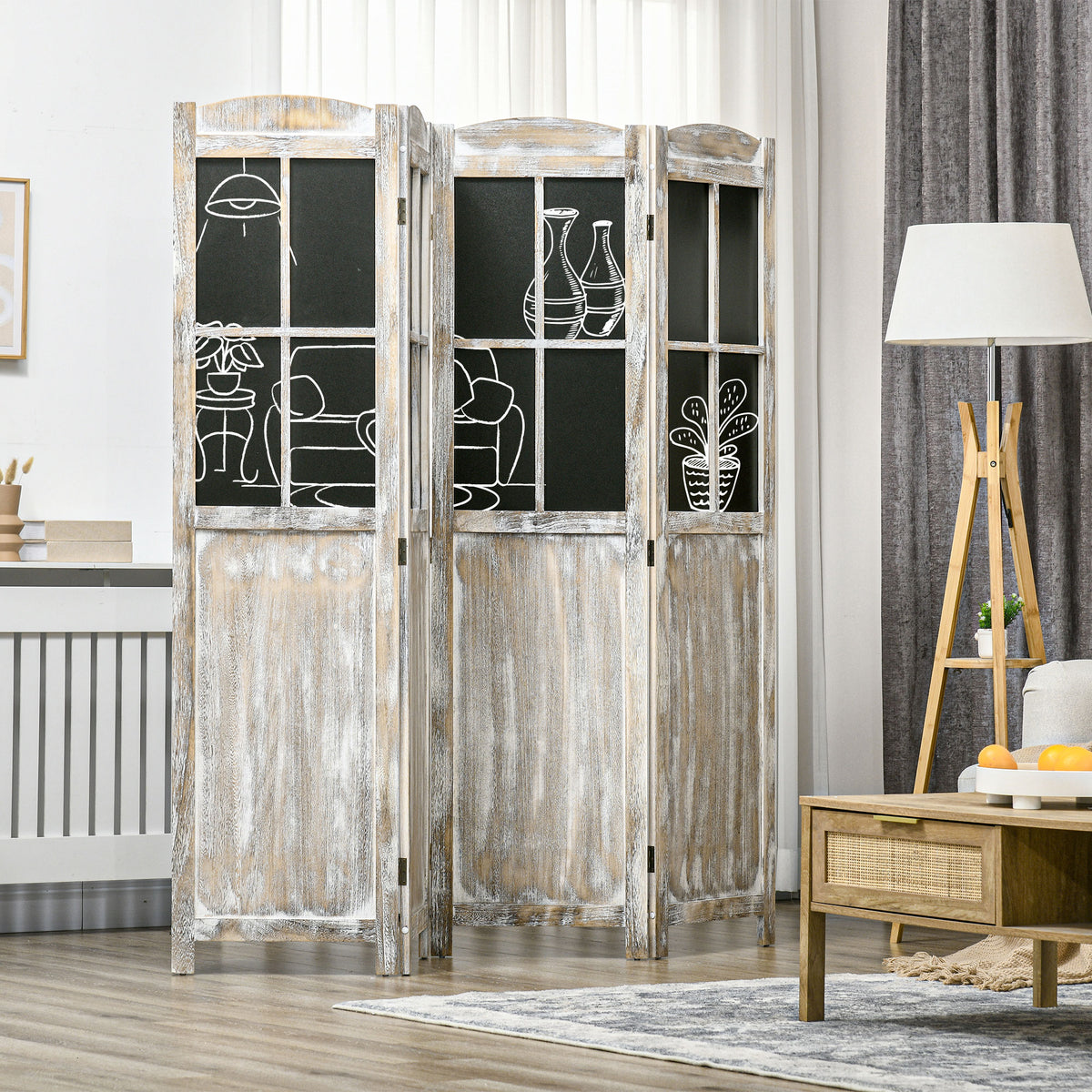 4 Panel Room Divider, 5.6' Tall Farmhouse Style Folding Indoor Portable Wood Privacy Screen with Black Boards, Hinged Freestanding Partition Wall Dividers for Home Office, Natural