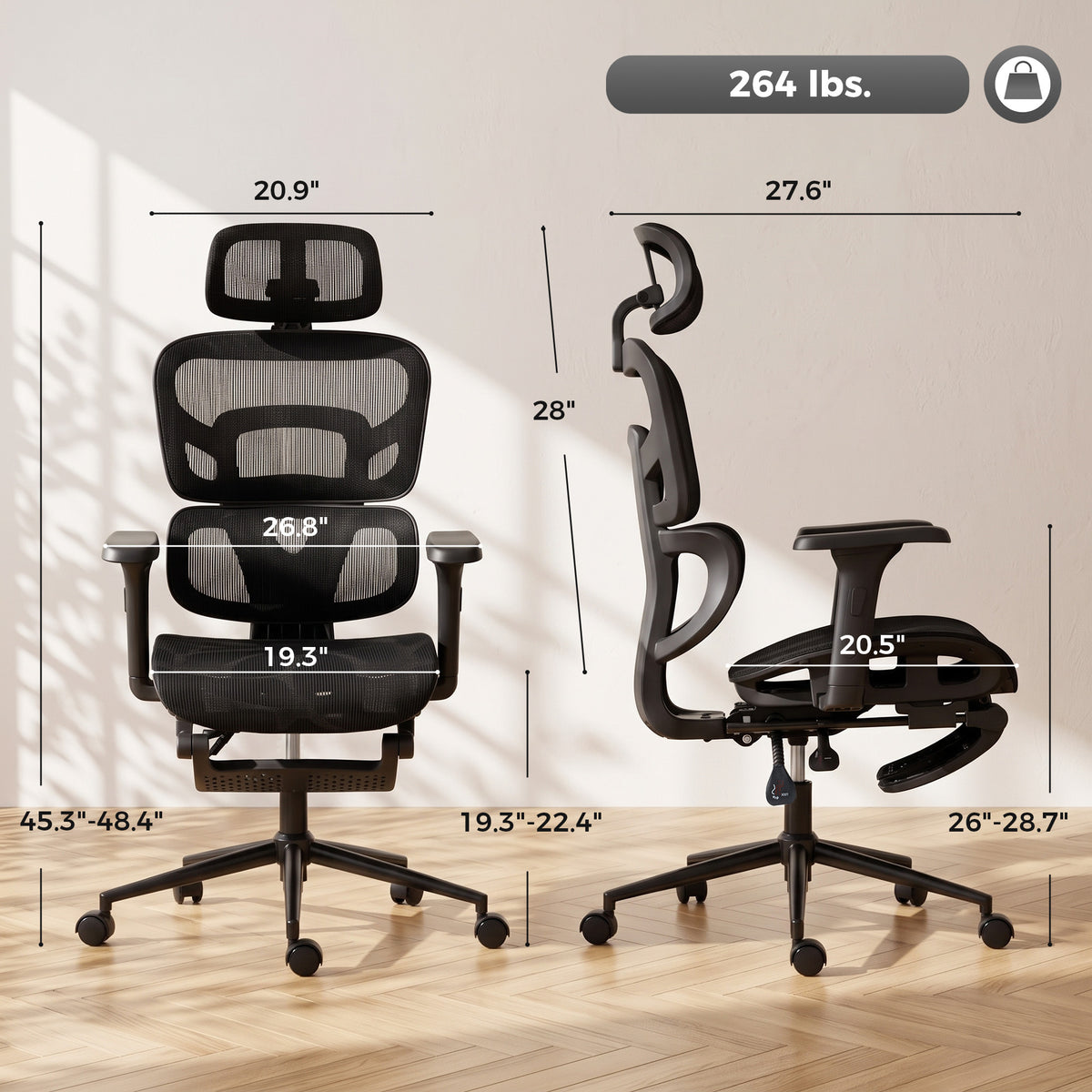 Ergonomic Office Chair with Lumbar Support, 2D Headrest, Mesh Reclining Desk Chair with Footrest, Swivel Wheels, Black