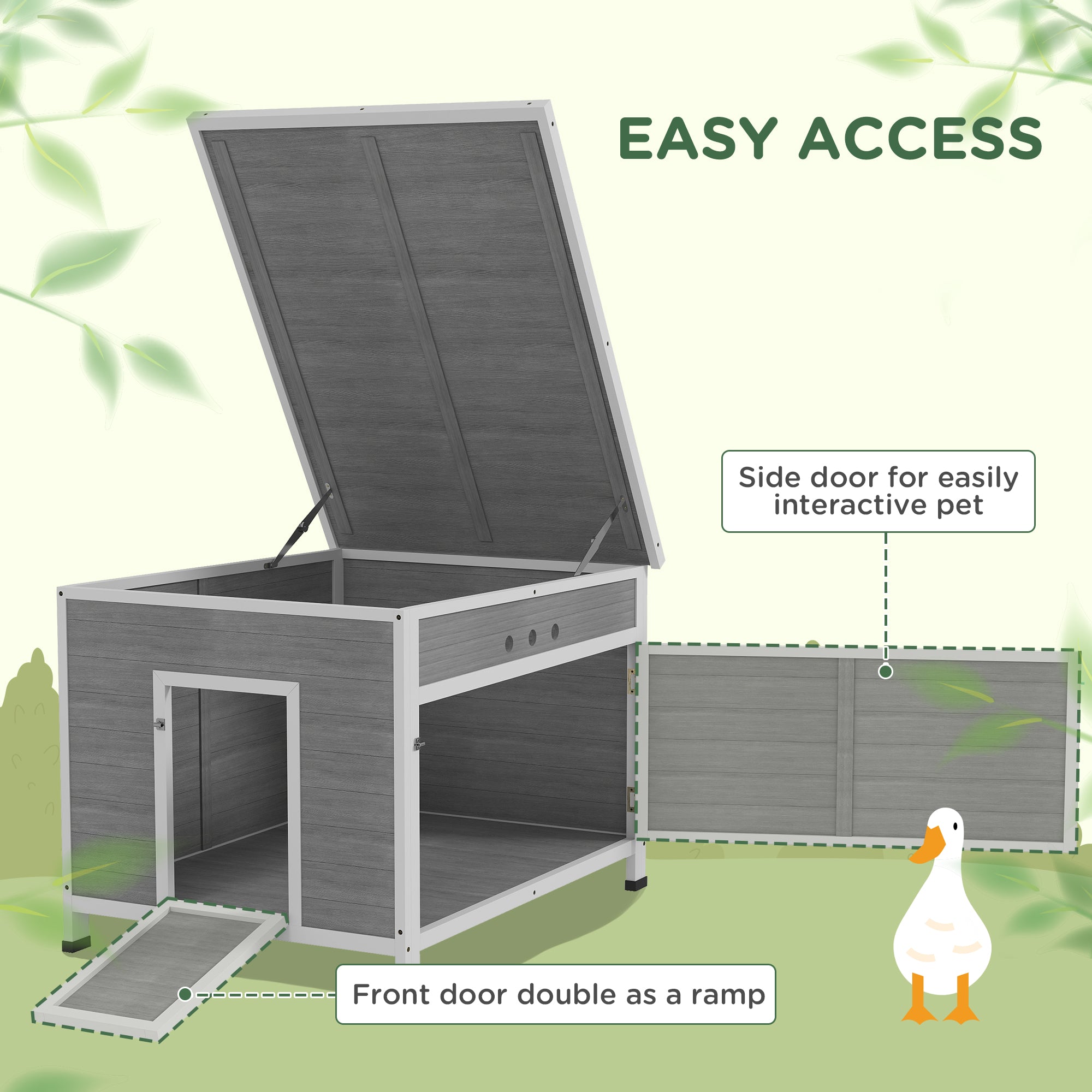 Wooden Duck Coop with Openable Roof, Removable Floor, Double Doors, Ramp, for 3-6 Ducks, Chickens, 30" x 38" x 30" - Light Gray - Image 6