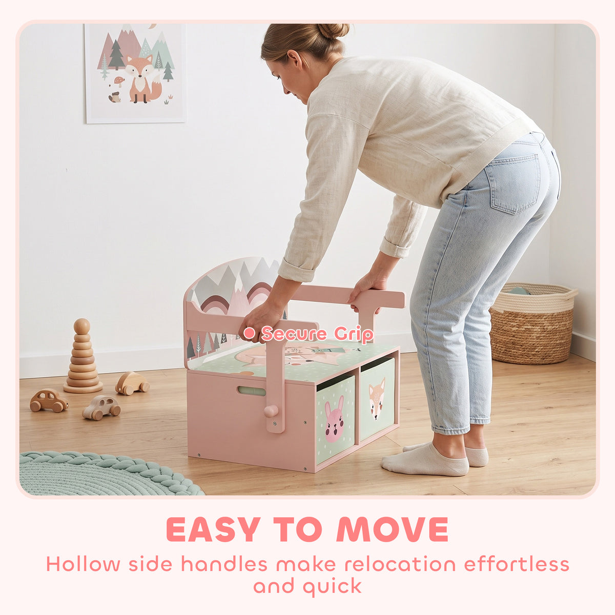 Kids Toy Box Chest, 3-in-1 Convertible Storage Chest with 2 Non-Woven Drawers for Bedroom, Kids Room for Ages 3-6, Pink