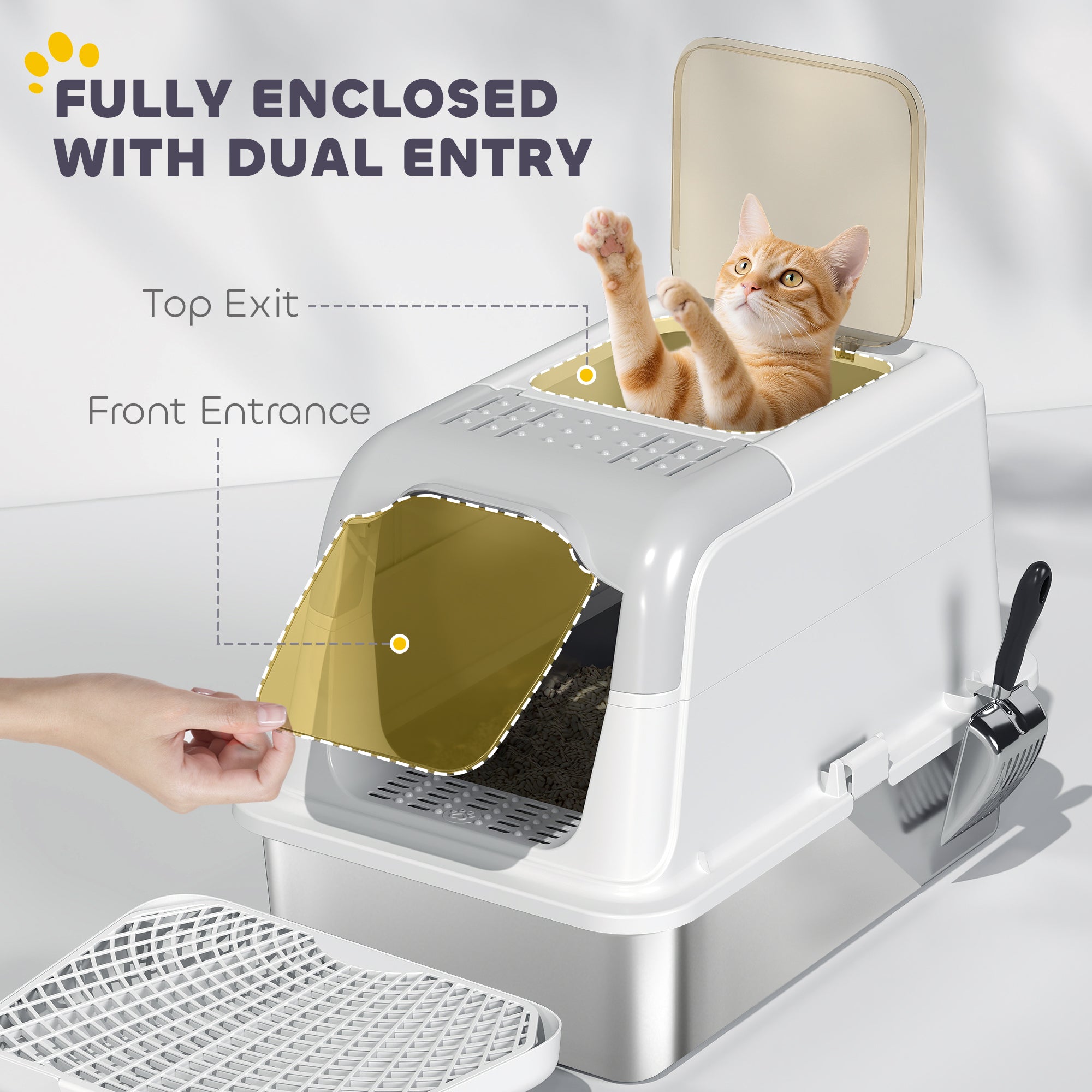 Extra Large Stainless Steel Litter Box, Enclosed Cat Litter Box with Scoop, Deodorizer Bag, Sand Drop Pedal - White - Image 5